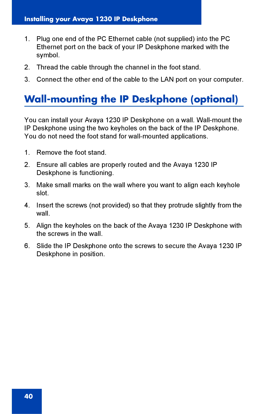 Avaya NTYS20DC70E6, 1230 manual Wall-mounting the IP Deskphone optional 