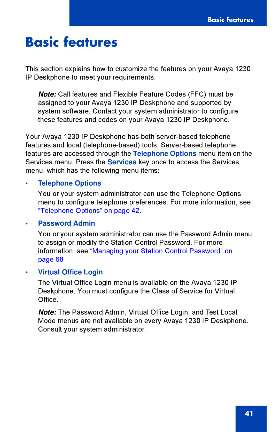 Avaya 1230, NTYS20DC70E6 manual Basic features, Telephone Options, Password Admin, Virtual Office Login 