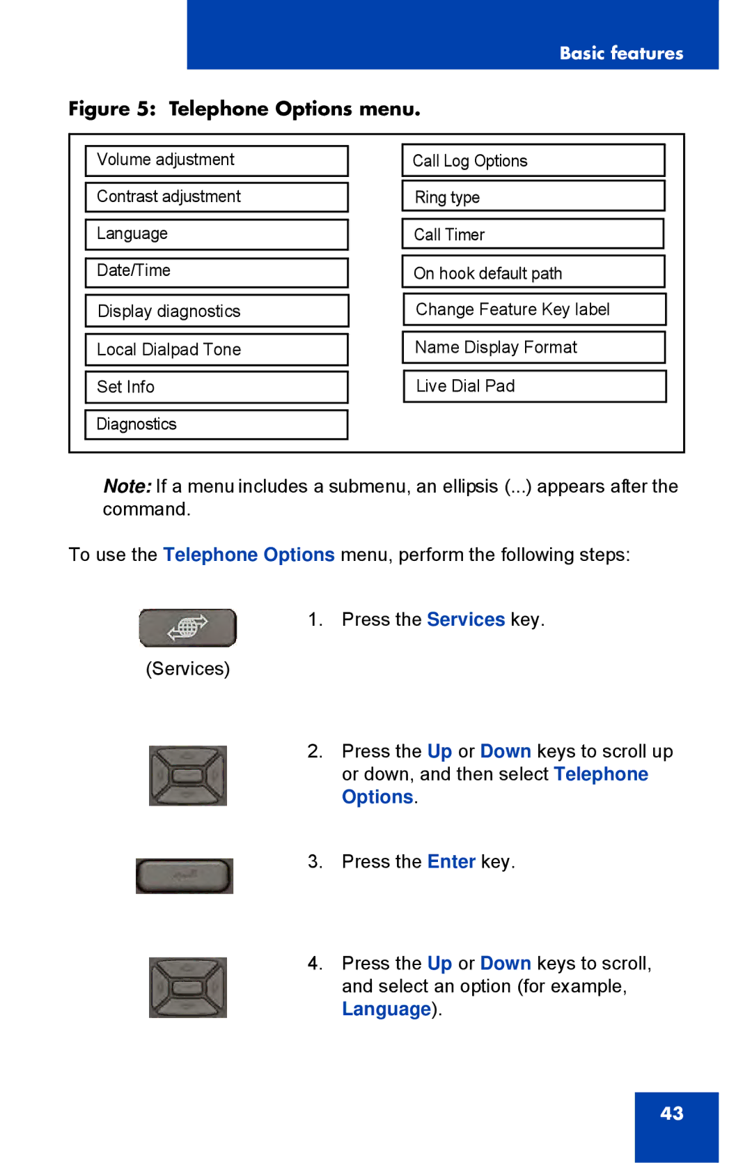 Avaya 1230, NTYS20DC70E6 manual Telephone Options menu, Language 