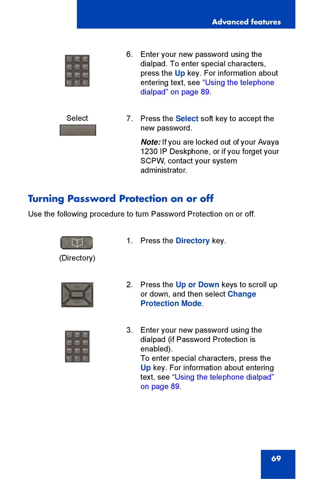 Avaya 1230, NTYS20DC70E6 manual Turning Password Protection on or off, Dialpad on 