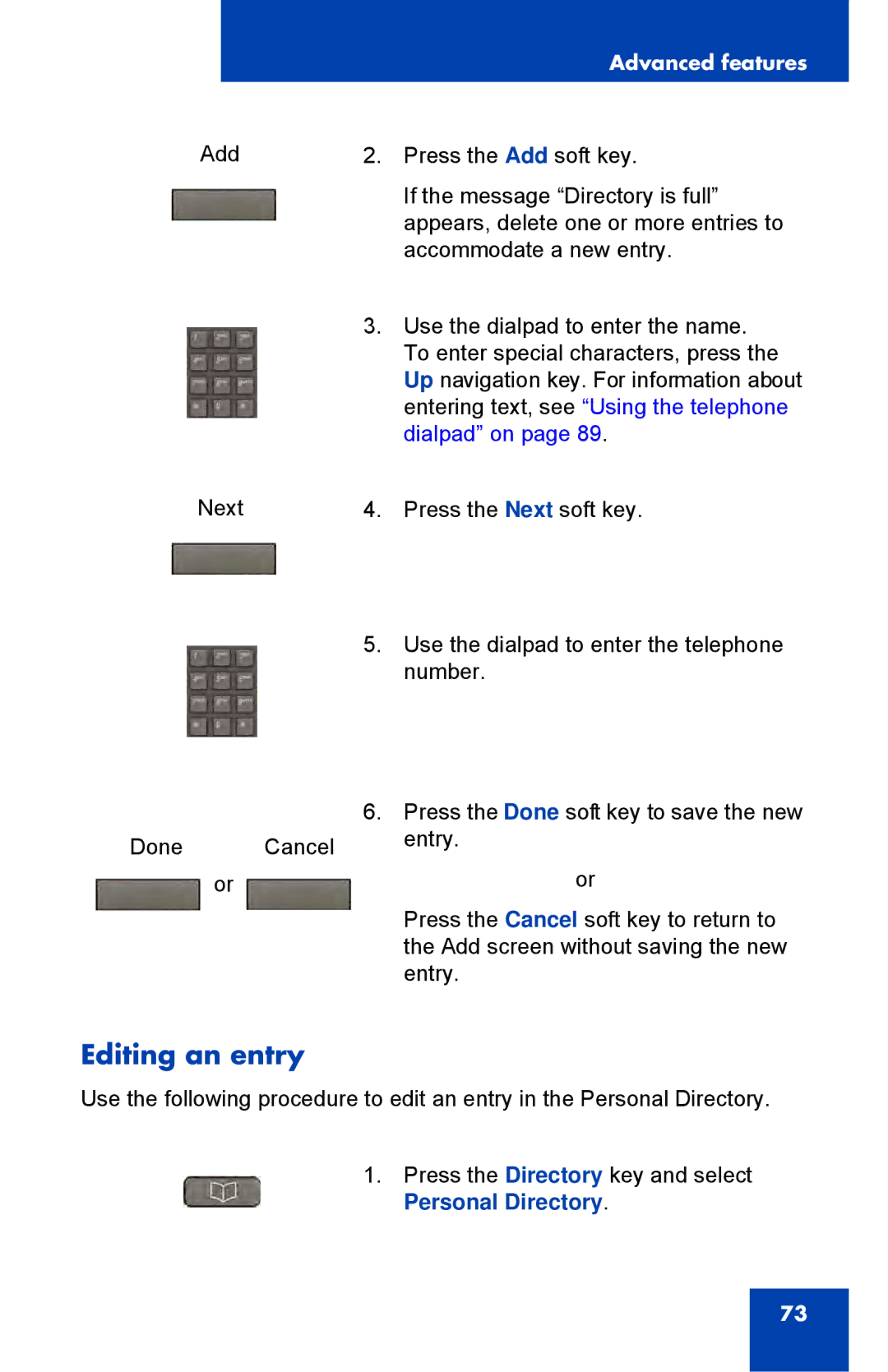 Avaya 1230, NTYS20DC70E6 manual Editing an entry 