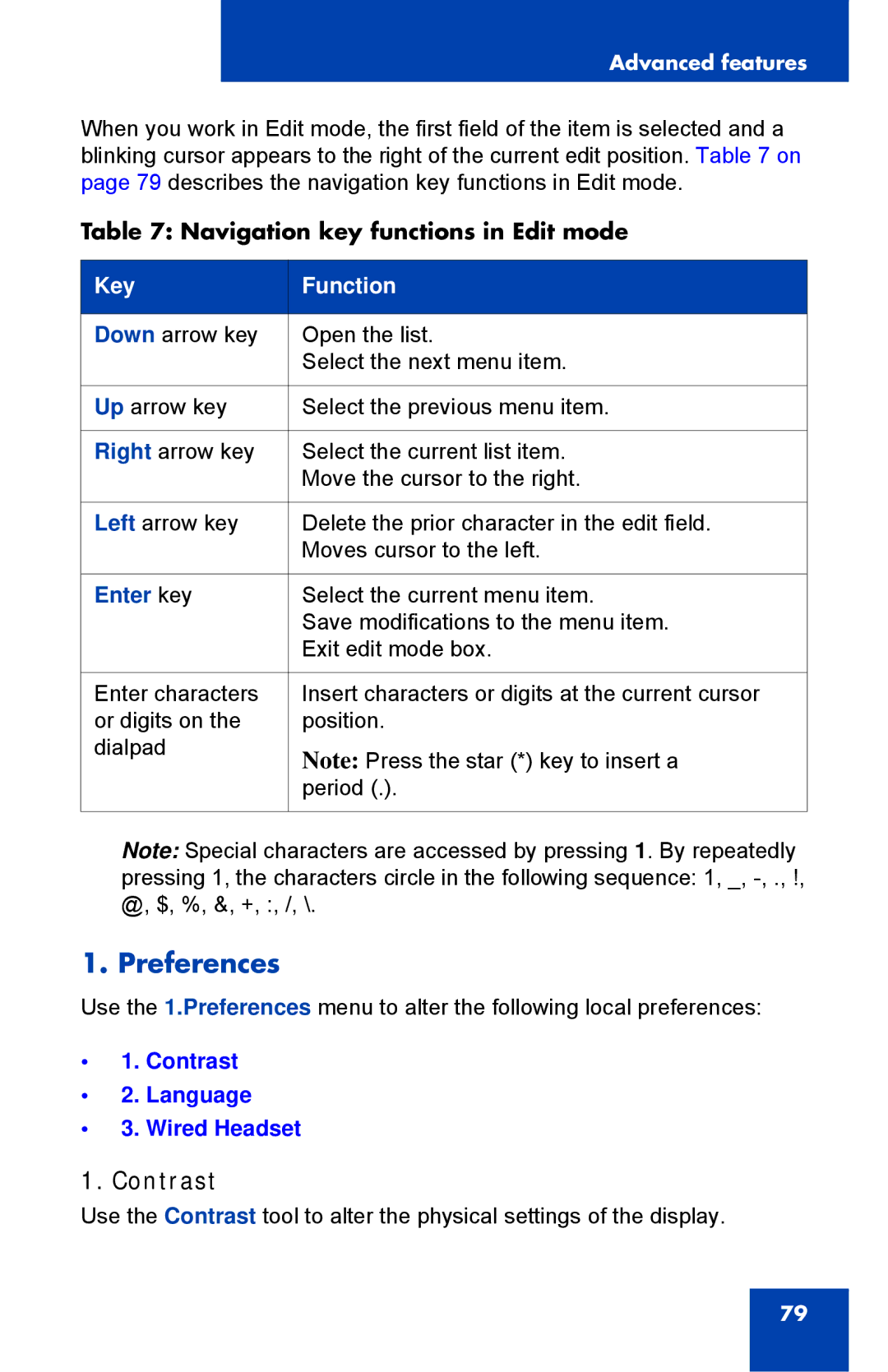 Avaya 1230, NTYS20DC70E6 manual Preferences, Contrast 