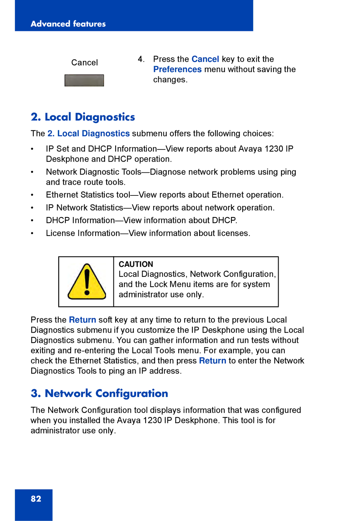 Avaya NTYS20DC70E6, 1230 manual Local Diagnostics, Network Configuration 