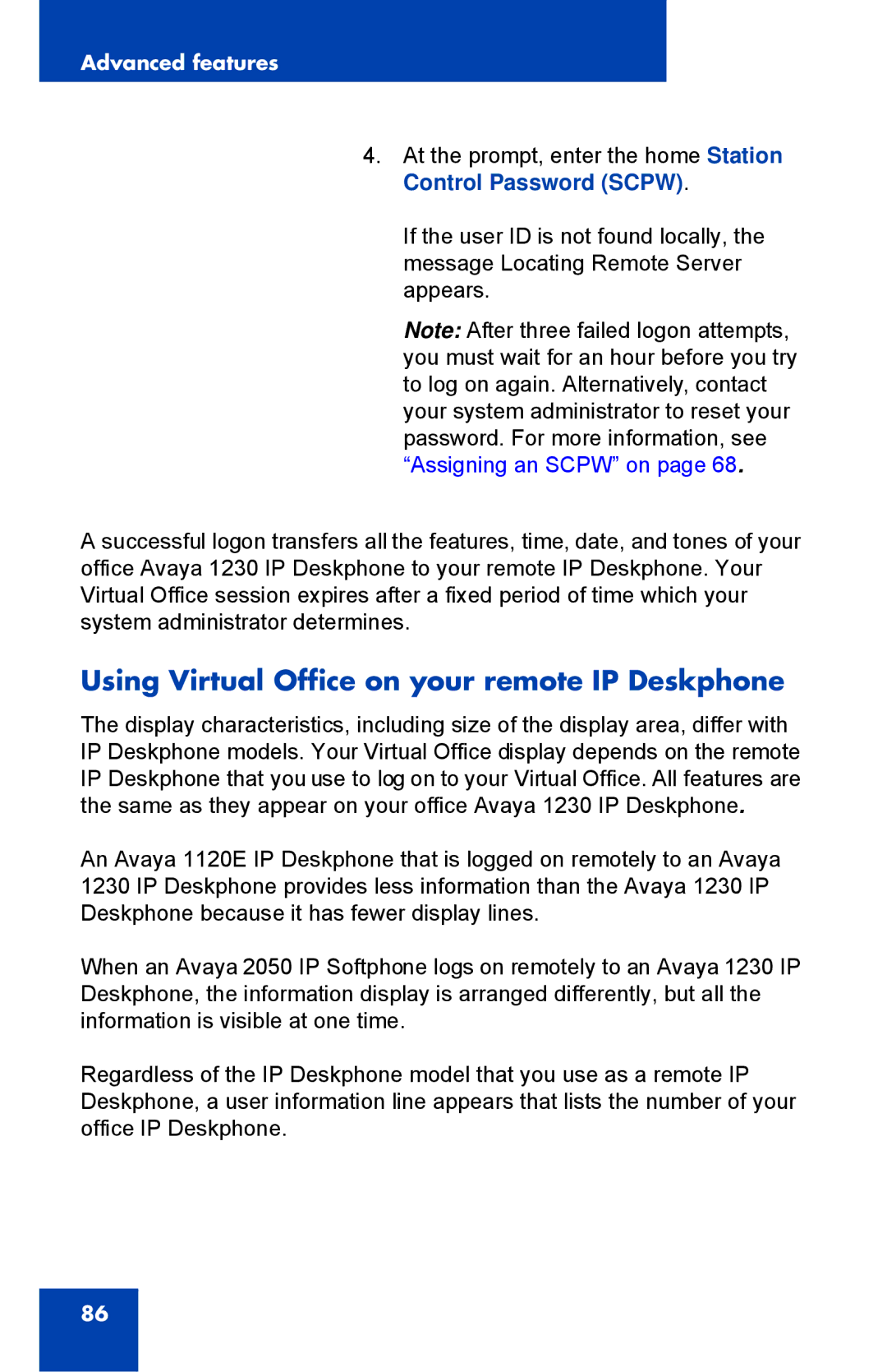 Avaya NTYS20DC70E6, 1230 manual Using Virtual Office on your remote IP Deskphone 