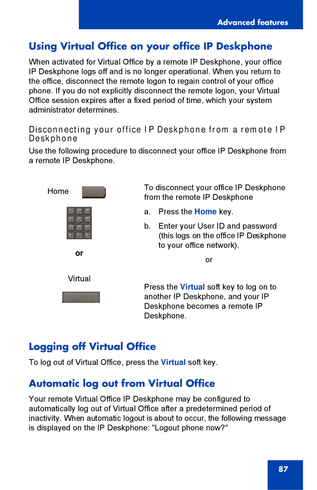 Avaya 1230, NTYS20DC70E6 manual Using Virtual Office on your office IP Deskphone, Logging off Virtual Office 