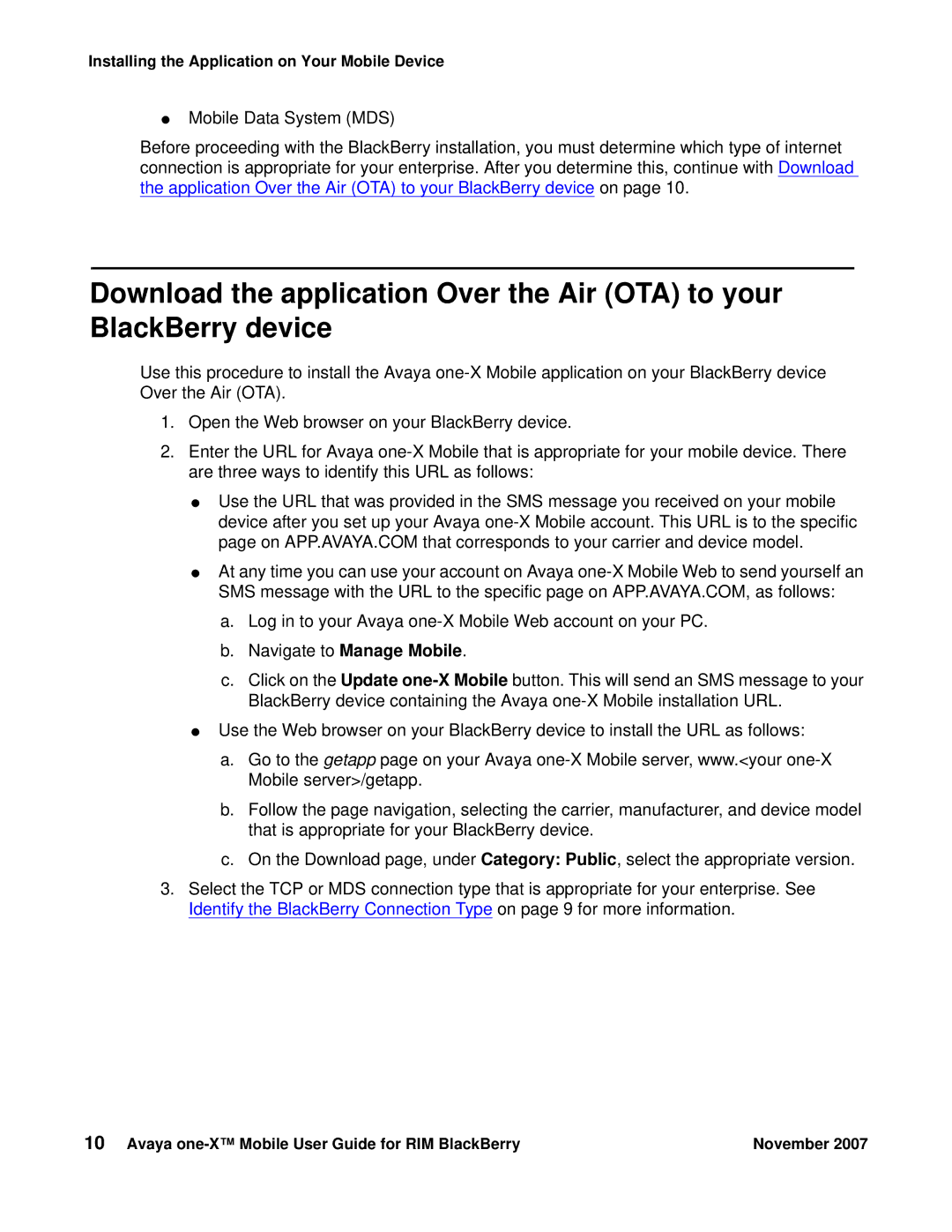 Avaya One-X for RIM Blackberry manual Installing the Application on Your Mobile Device 