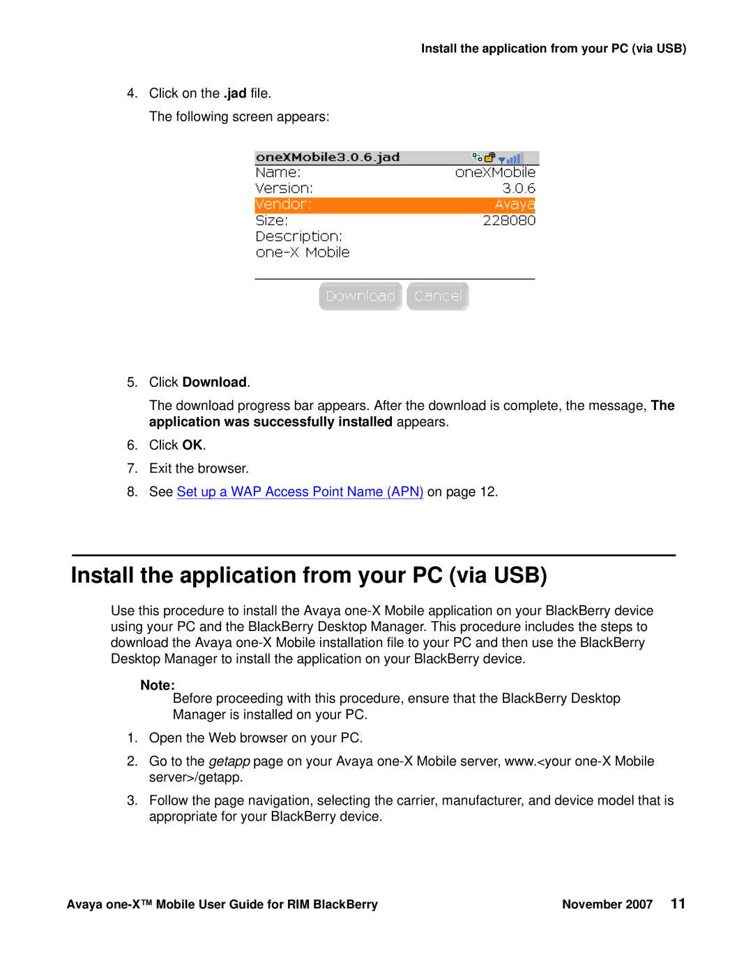 Avaya One-X for RIM Blackberry manual Install the application from your PC via USB, Click Download 