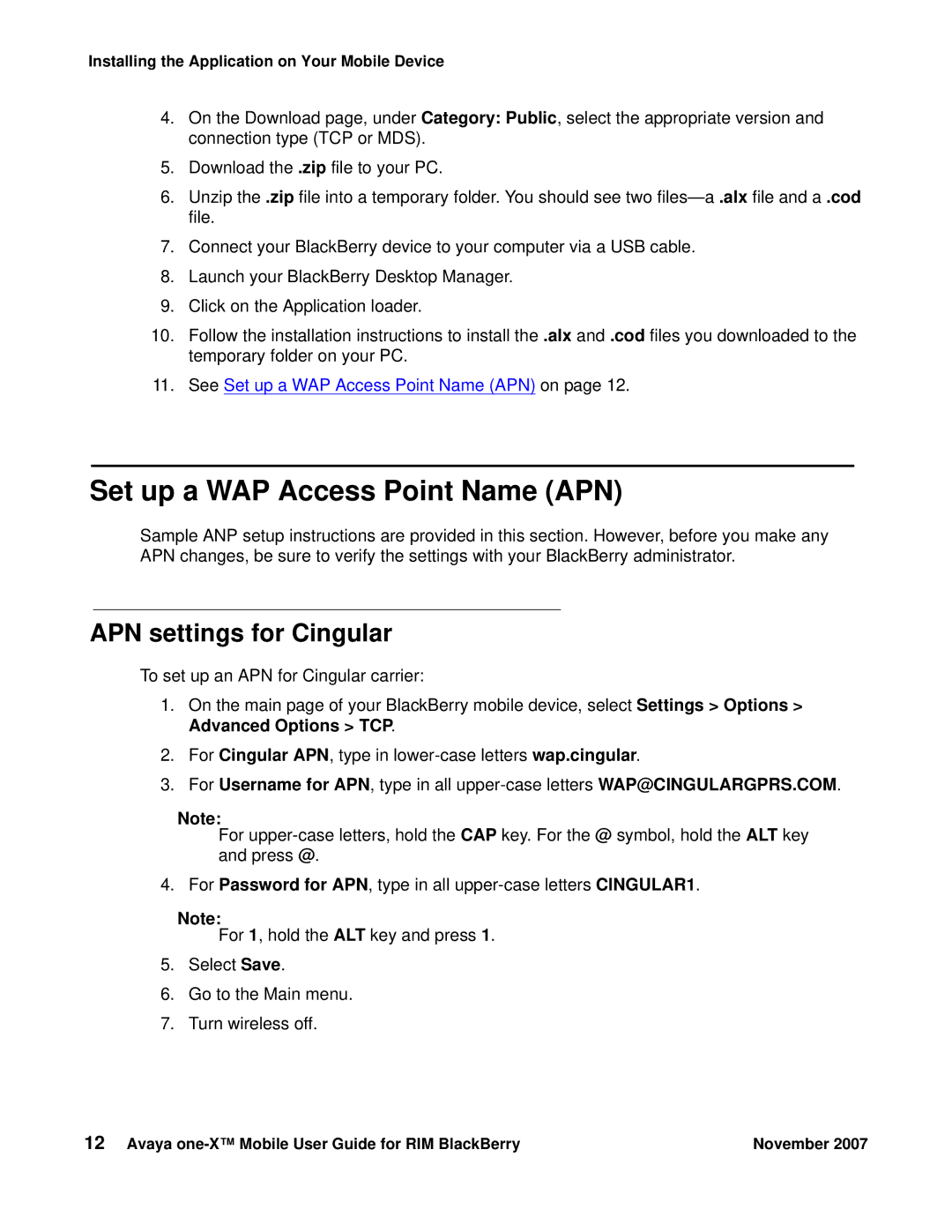 Avaya One-X for RIM Blackberry manual Set up a WAP Access Point Name APN, APN settings for Cingular 