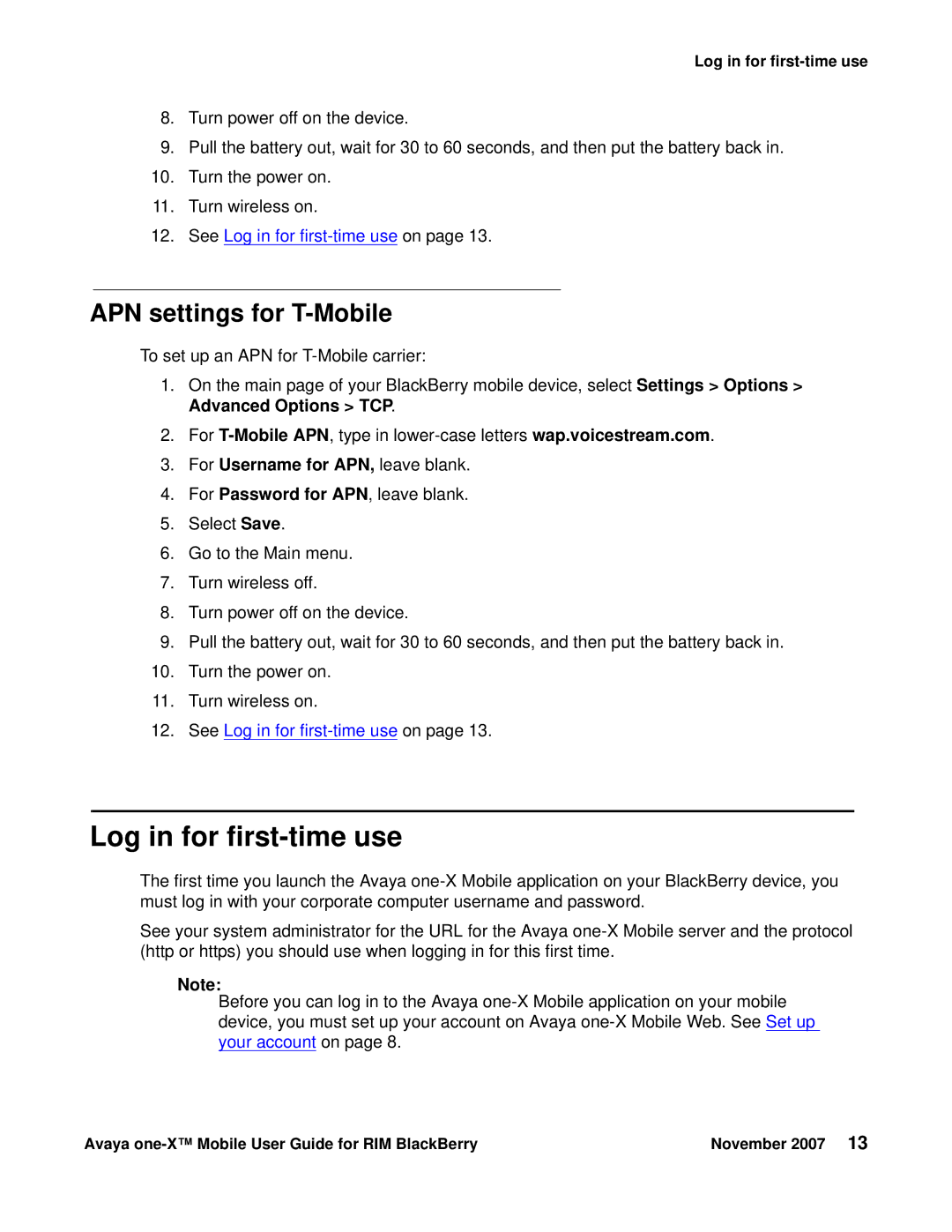 Avaya One-X for RIM Blackberry manual Log in for first-time use, For Username for APN, leave blank 