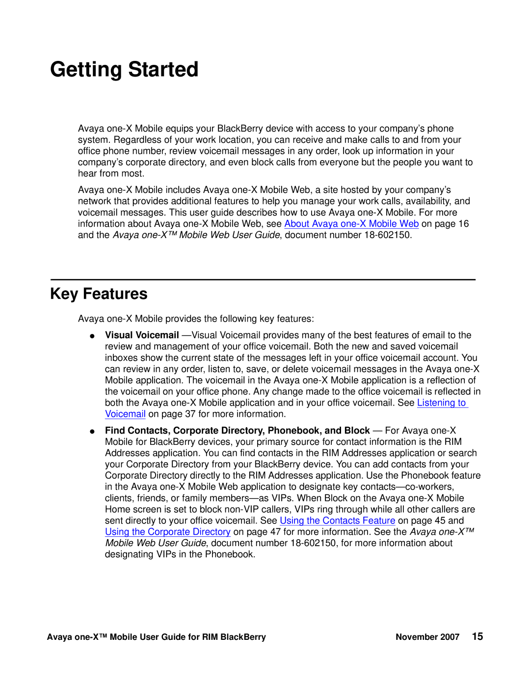 Avaya One-X for RIM Blackberry manual Getting Started, Key Features 