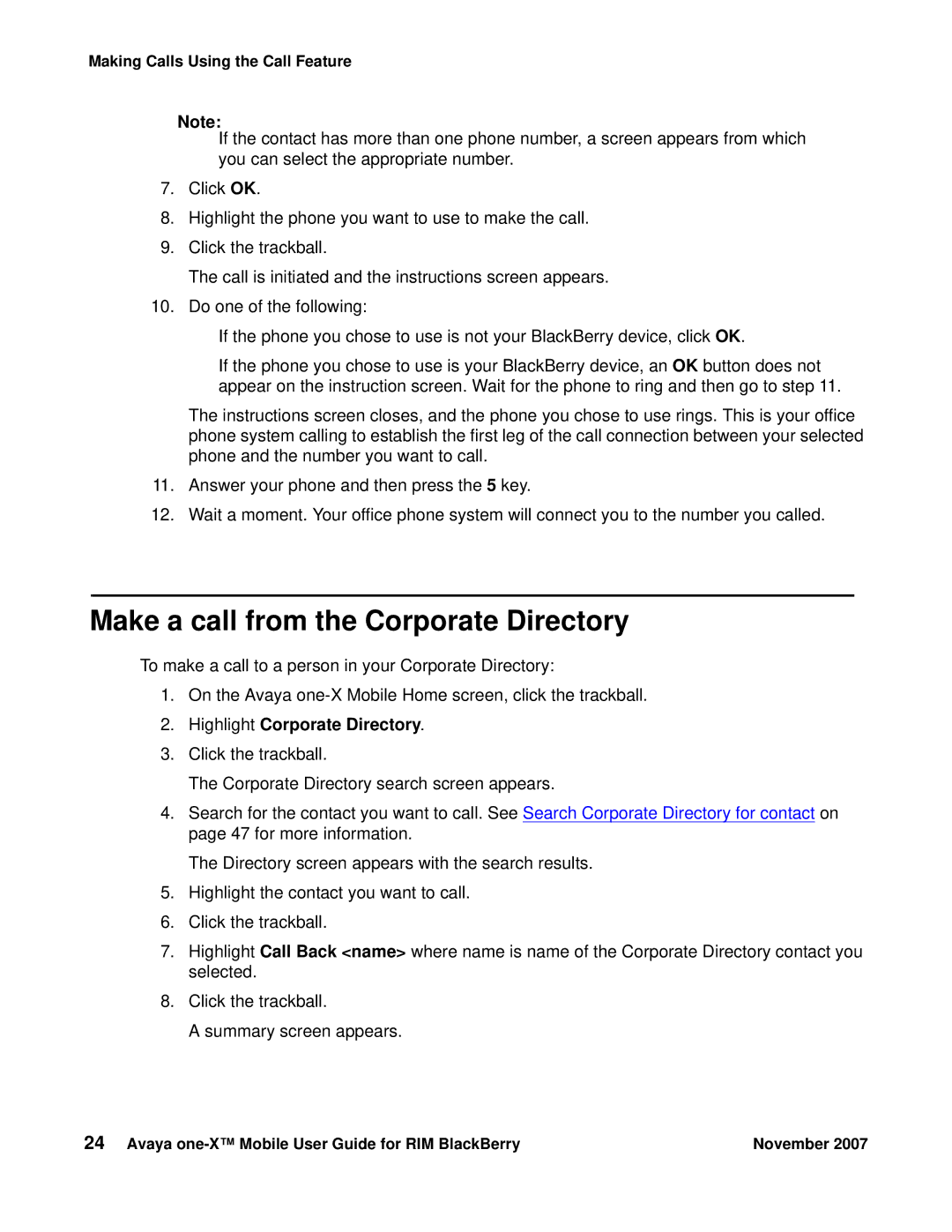 Avaya One-X for RIM Blackberry manual Make a call from the Corporate Directory, Highlight Corporate Directory 