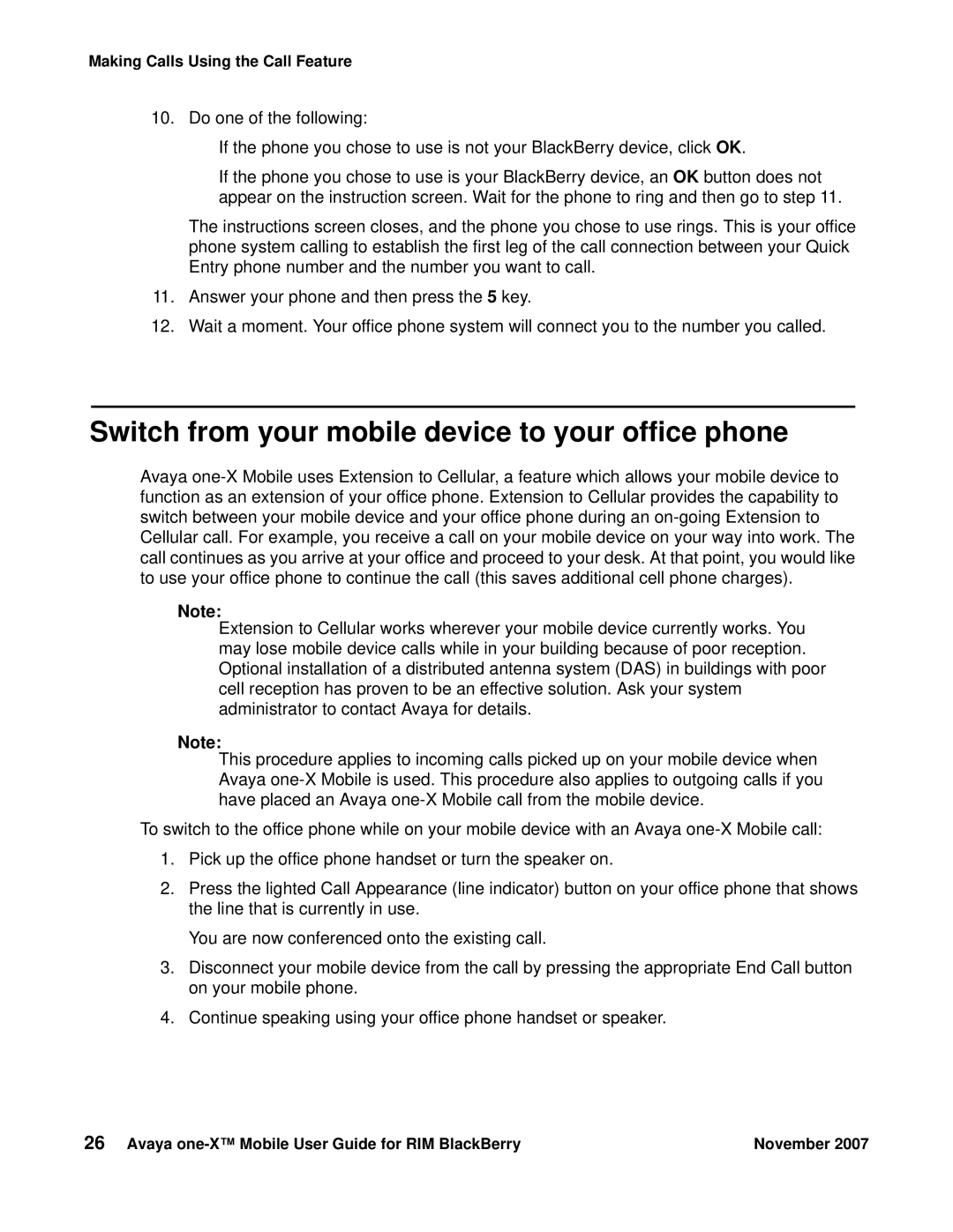 Avaya One-X for RIM Blackberry manual Switch from your mobile device to your office phone 