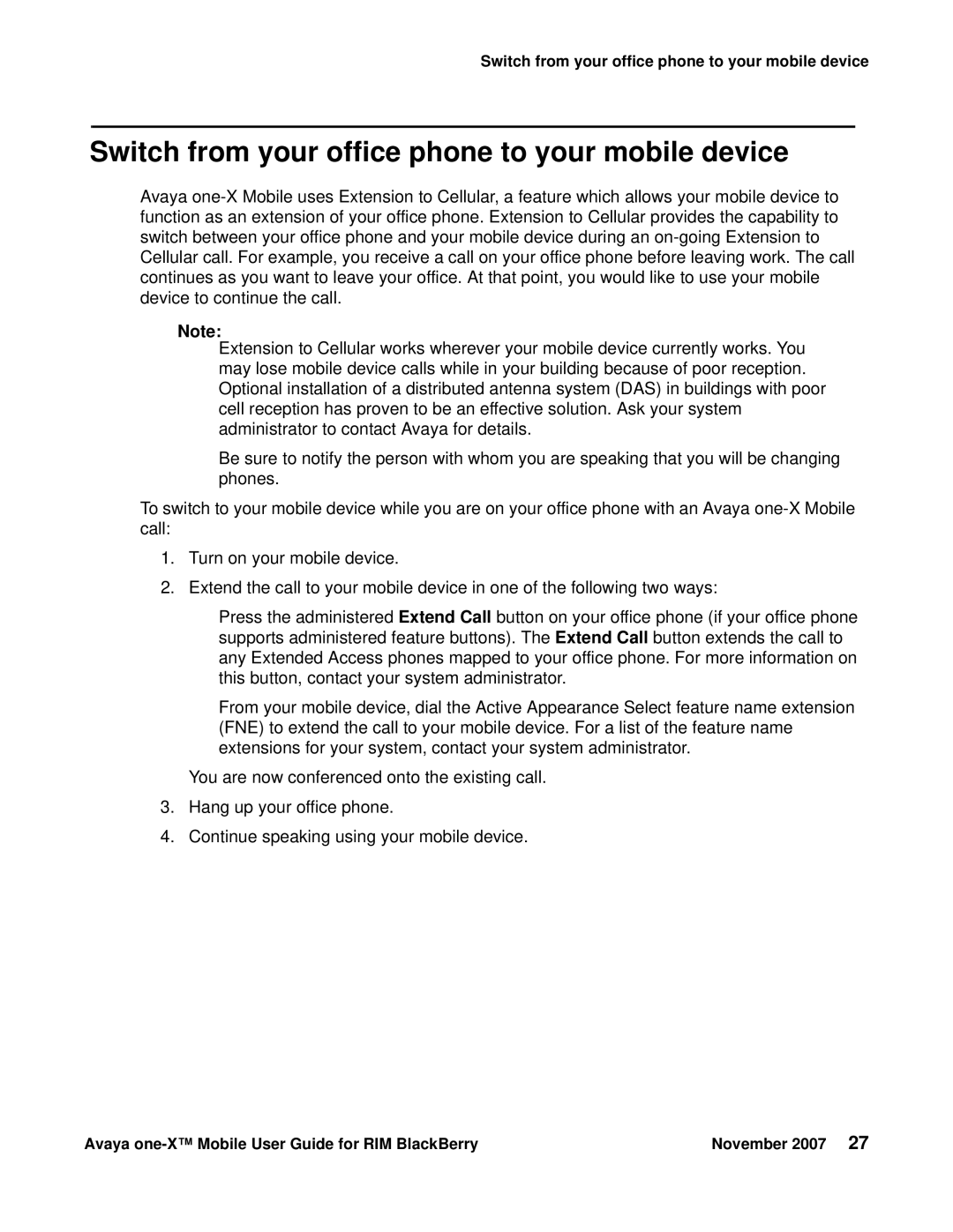 Avaya One-X for RIM Blackberry manual Switch from your office phone to your mobile device 