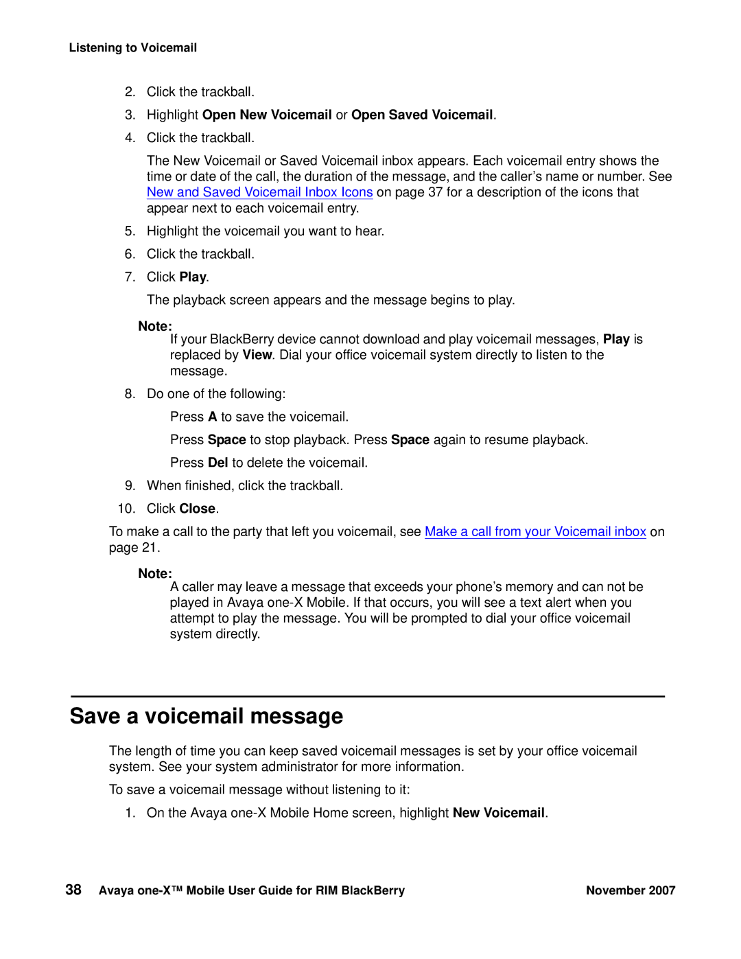 Avaya One-X for RIM Blackberry manual Save a voicemail message, Highlight Open New Voicemail or Open Saved Voicemail 