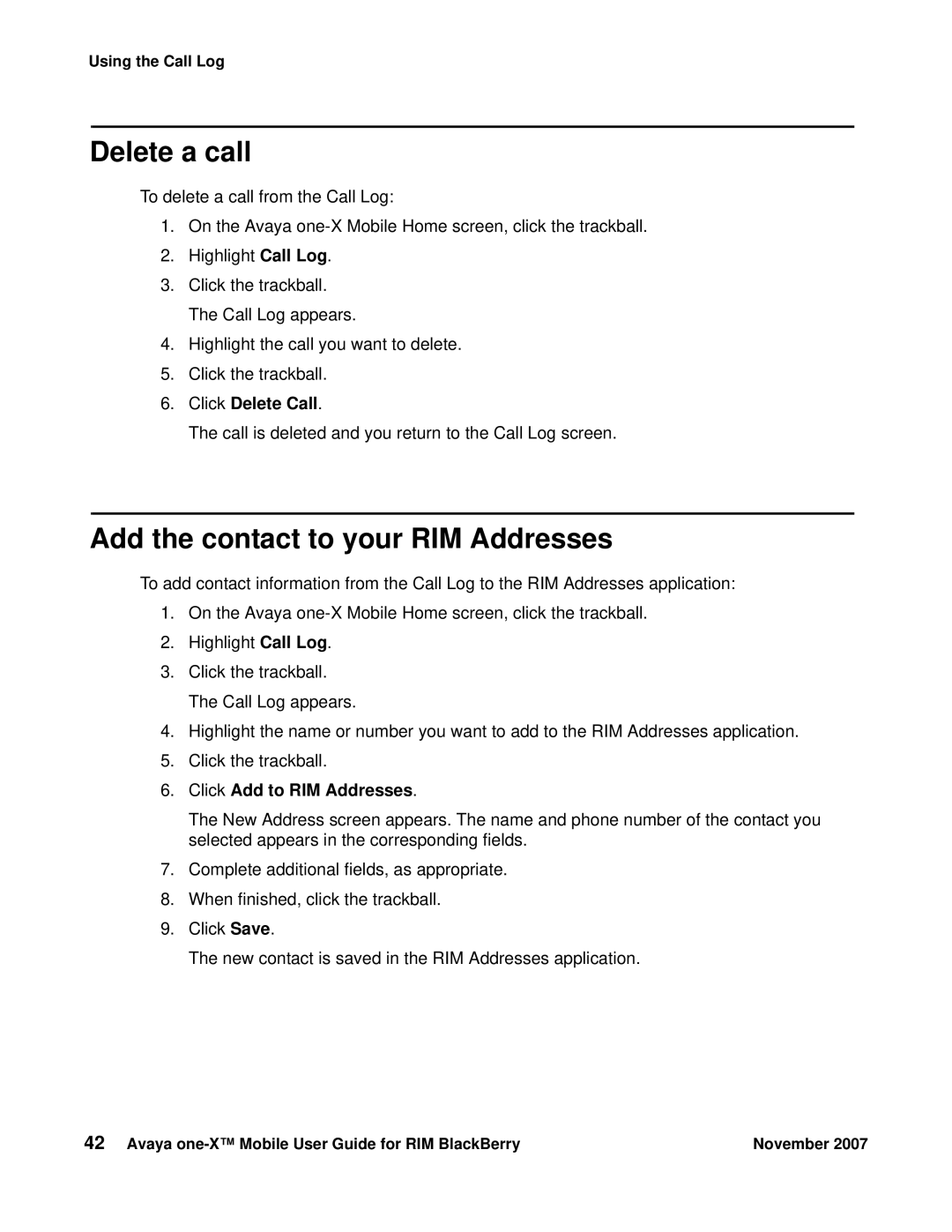 Avaya One-X for RIM Blackberry manual Delete a call, Add the contact to your RIM Addresses, Click Delete Call 