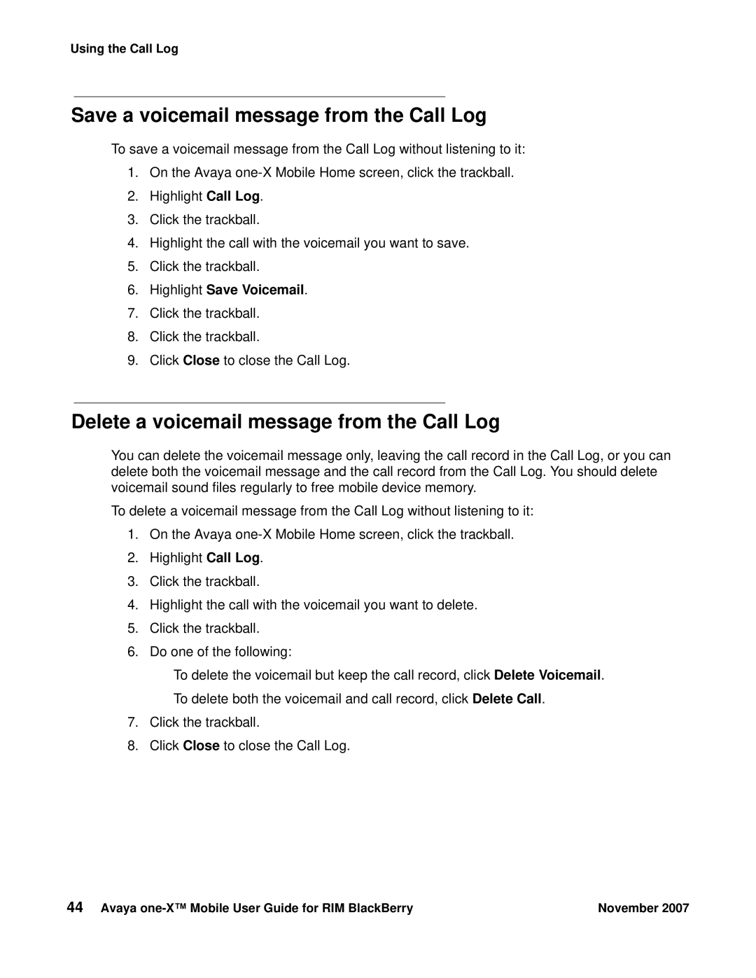 Avaya One-X for RIM Blackberry manual Save a voicemail message from the Call Log, Highlight Save Voicemail 