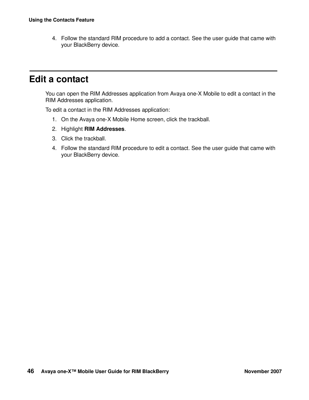Avaya One-X for RIM Blackberry manual Edit a contact 