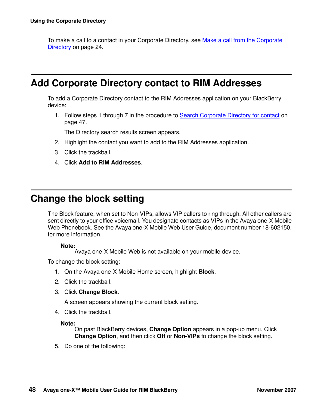 Avaya One-X for RIM Blackberry manual Add Corporate Directory contact to RIM Addresses, Change the block setting 