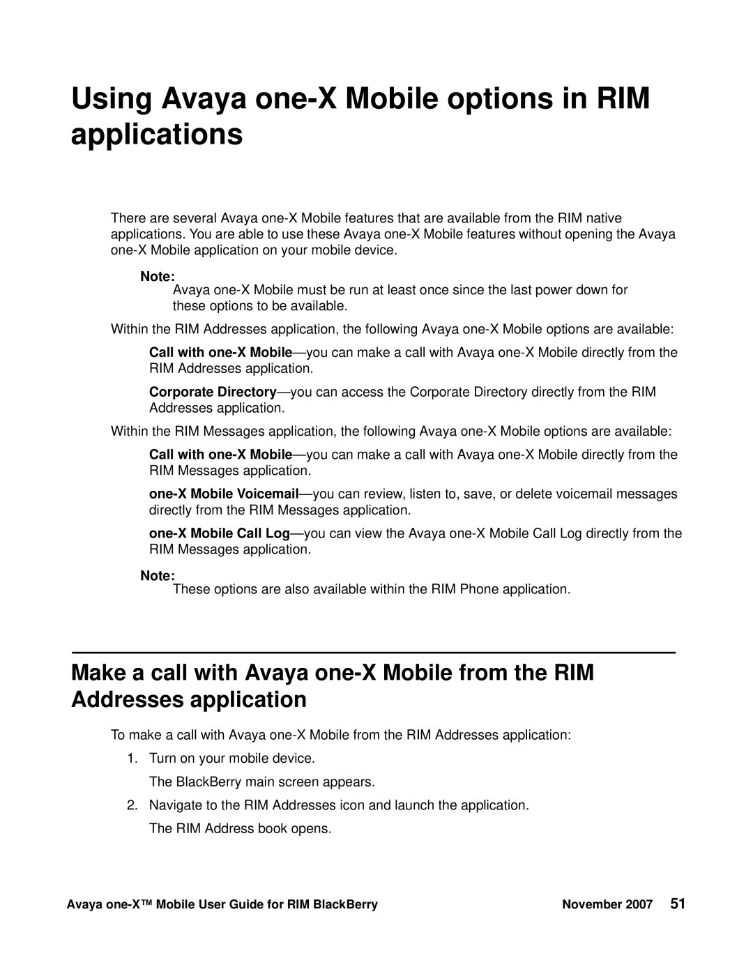 Avaya One-X for RIM Blackberry manual Using Avaya one-X Mobile options in RIM applications 