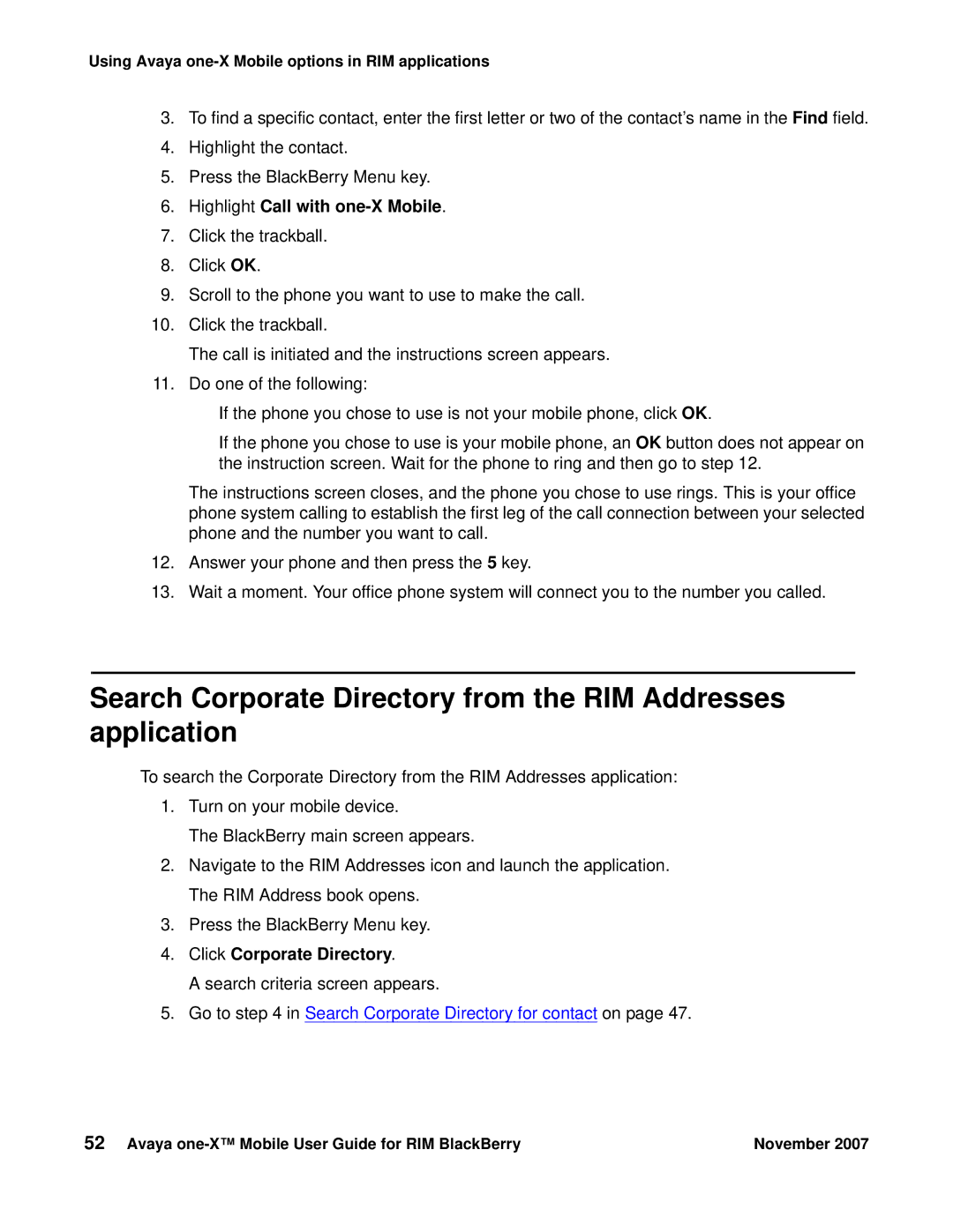 Avaya One-X for RIM Blackberry manual Highlight Call with one-X Mobile, Click Corporate Directory 