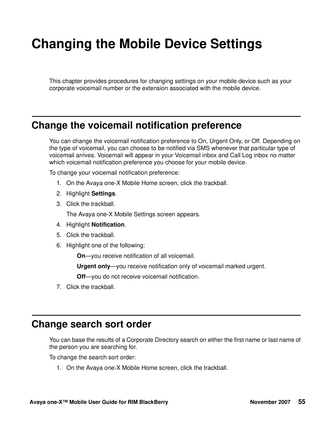 Avaya One-X for RIM Blackberry manual Changing the Mobile Device Settings, Change the voicemail notification preference 