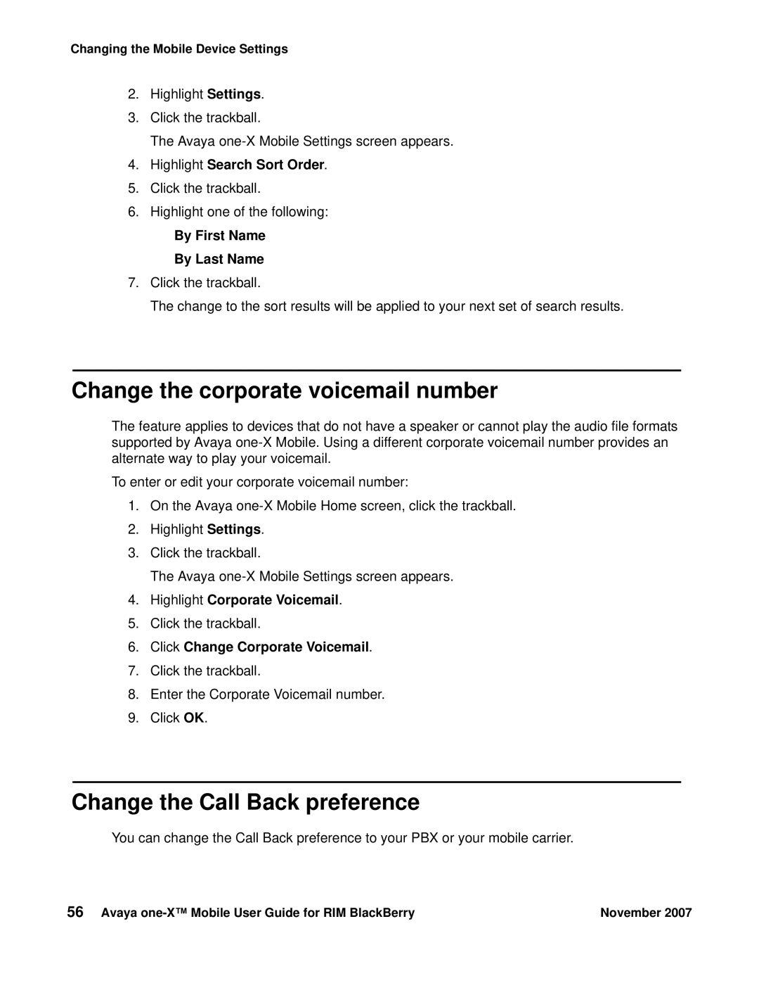 Avaya One-X for RIM Blackberry manual Change the corporate voicemail number, Change the Call Back preference 