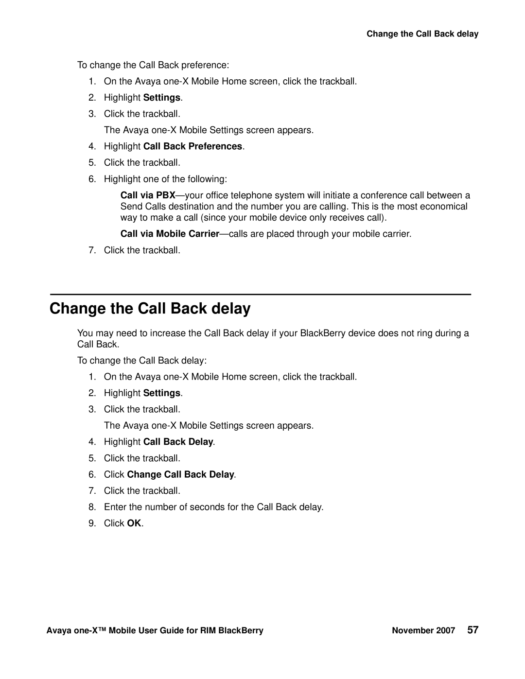 Avaya One-X for RIM Blackberry Change the Call Back delay, Highlight Call Back Preferences, Highlight Call Back Delay 