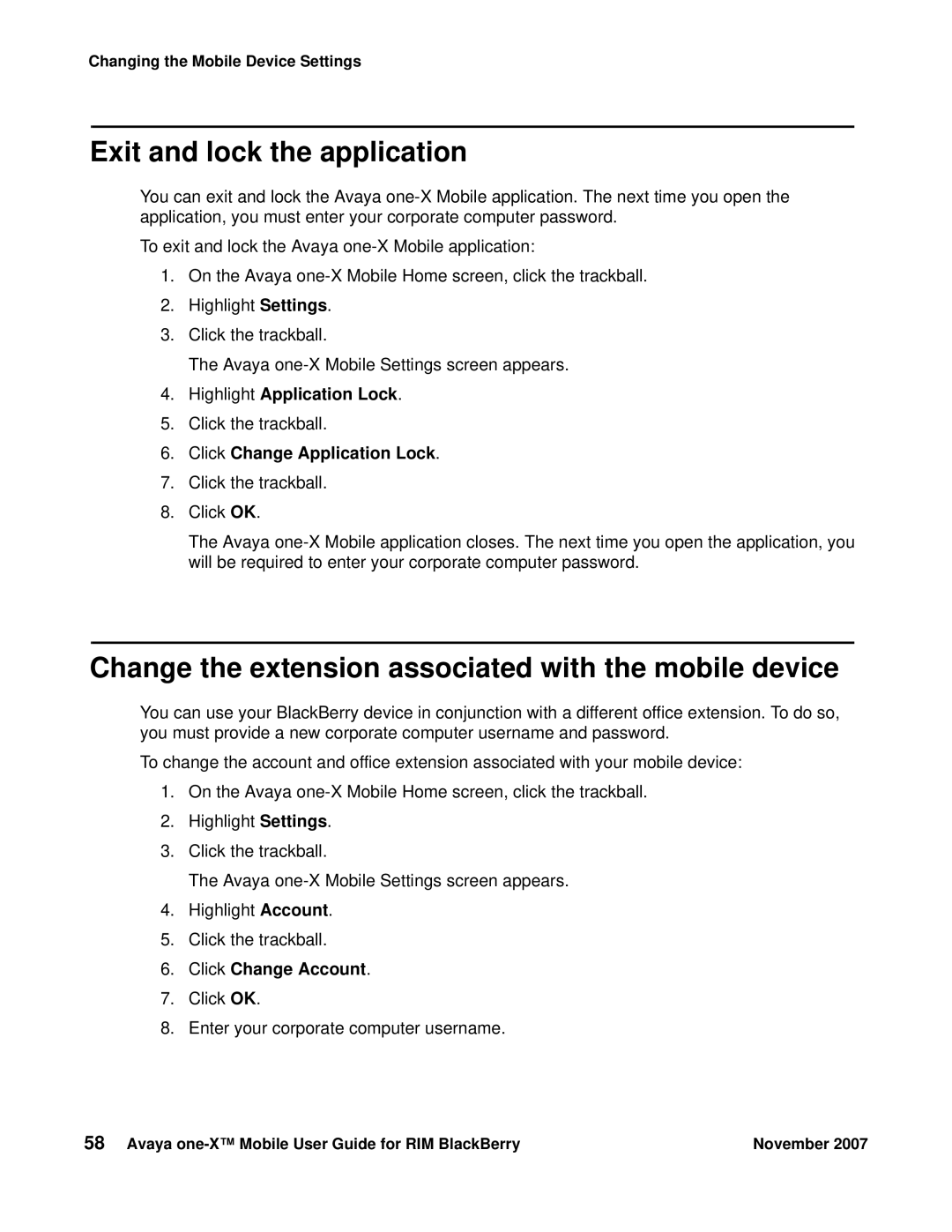 Avaya One-X for RIM Blackberry manual Exit and lock the application, Change the extension associated with the mobile device 