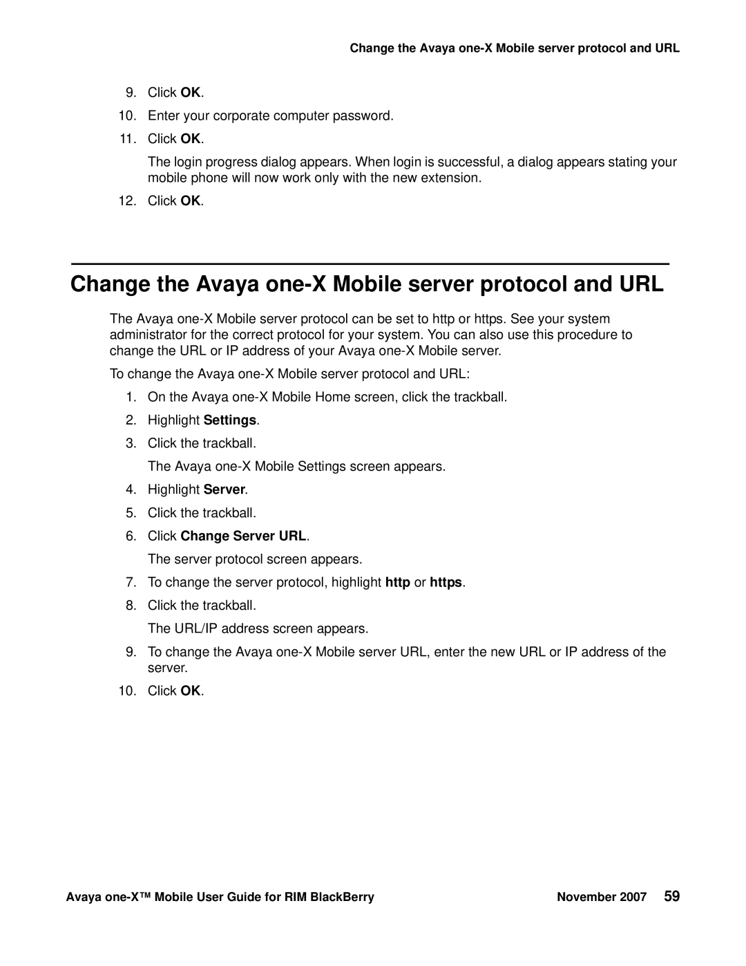 Avaya One-X for RIM Blackberry manual Change the Avaya one-X Mobile server protocol and URL, Click Change Server URL 