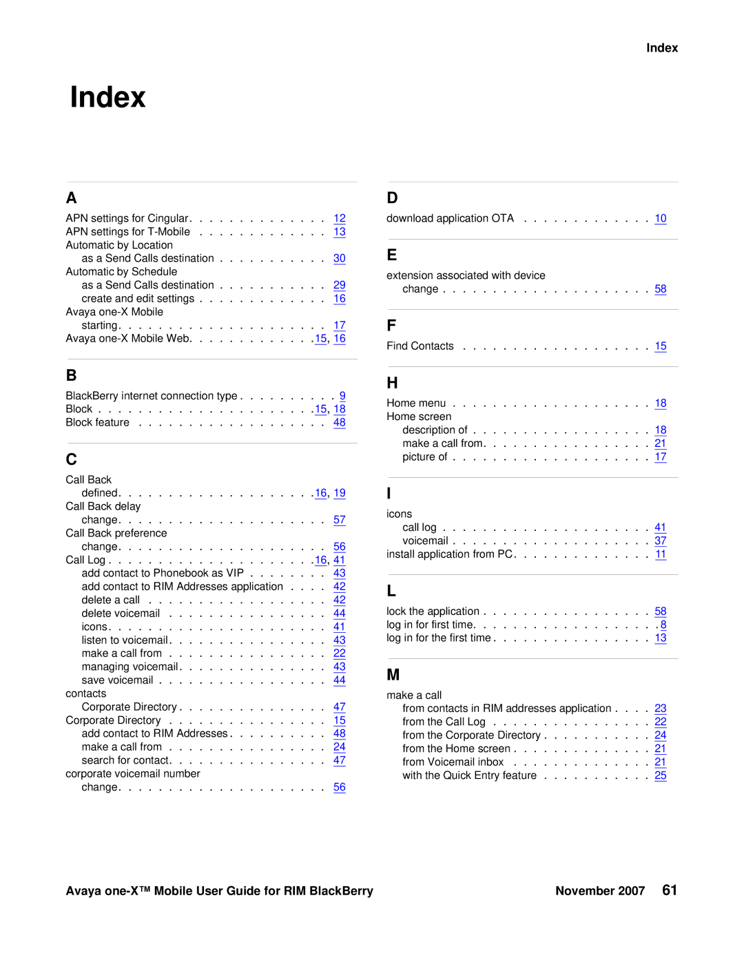 Avaya One-X for RIM Blackberry manual Index, APN settings for Cingular 