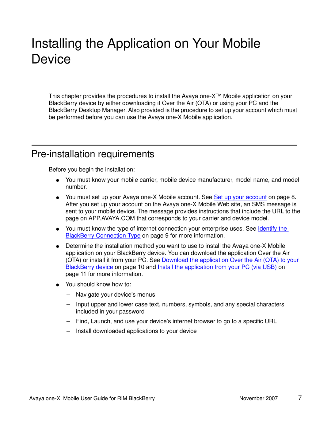 Avaya One-X for RIM Blackberry manual Installing the Application on Your Mobile Device, Pre-installation requirements 