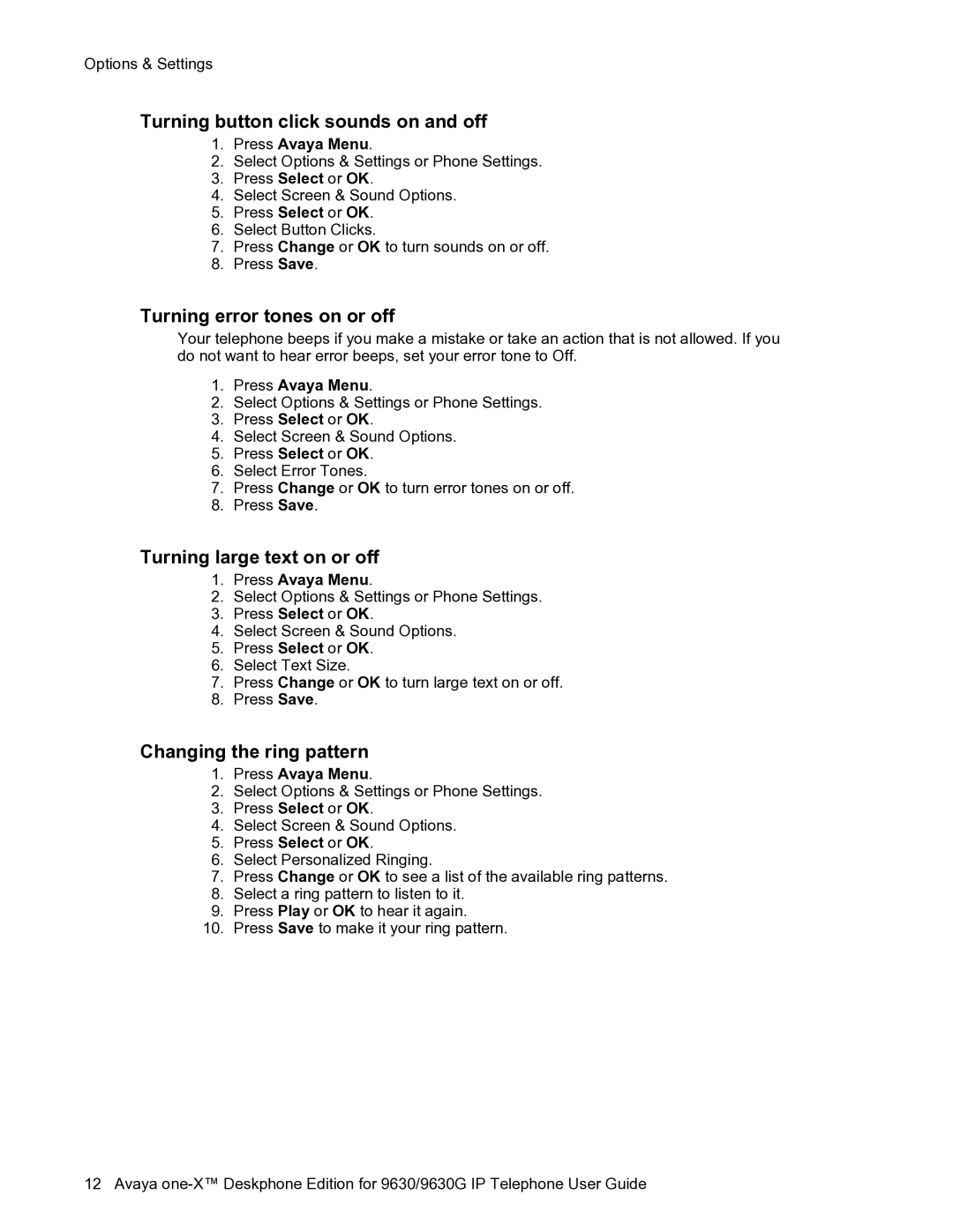 Avaya one-X manual Turning button click sounds on and off, Turning error tones on or off, Turning large text on or off 