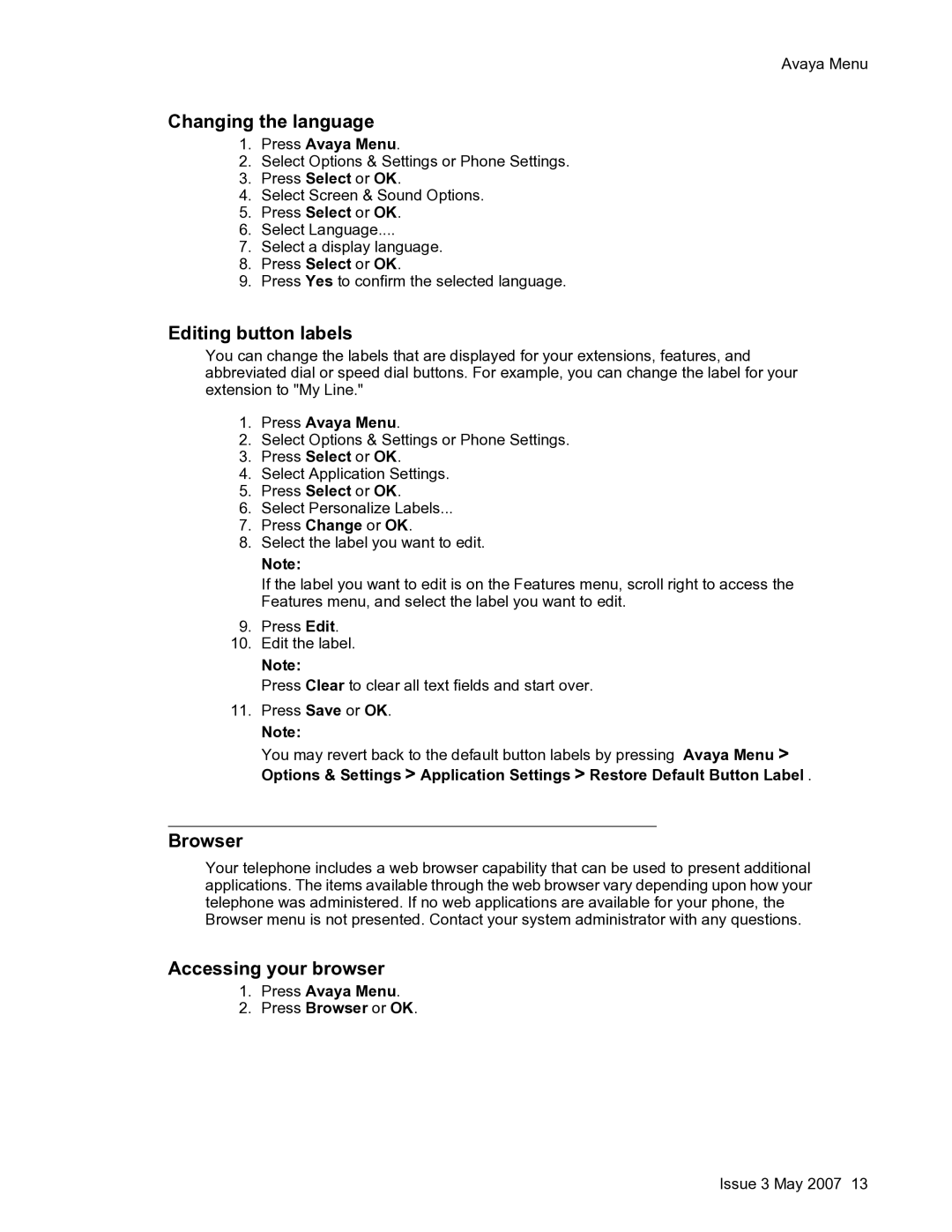 Avaya one-X manual Changing the language, Editing button labels, Browser, Accessing your browser 