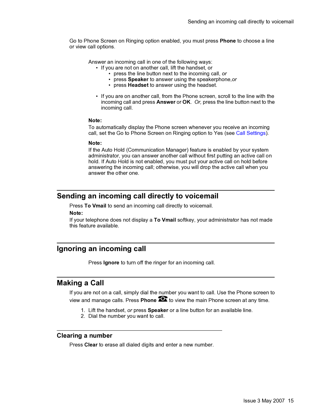 Avaya one-X Sending an incoming call directly to voicemail, Ignoring an incoming call, Making a Call, Clearing a number 