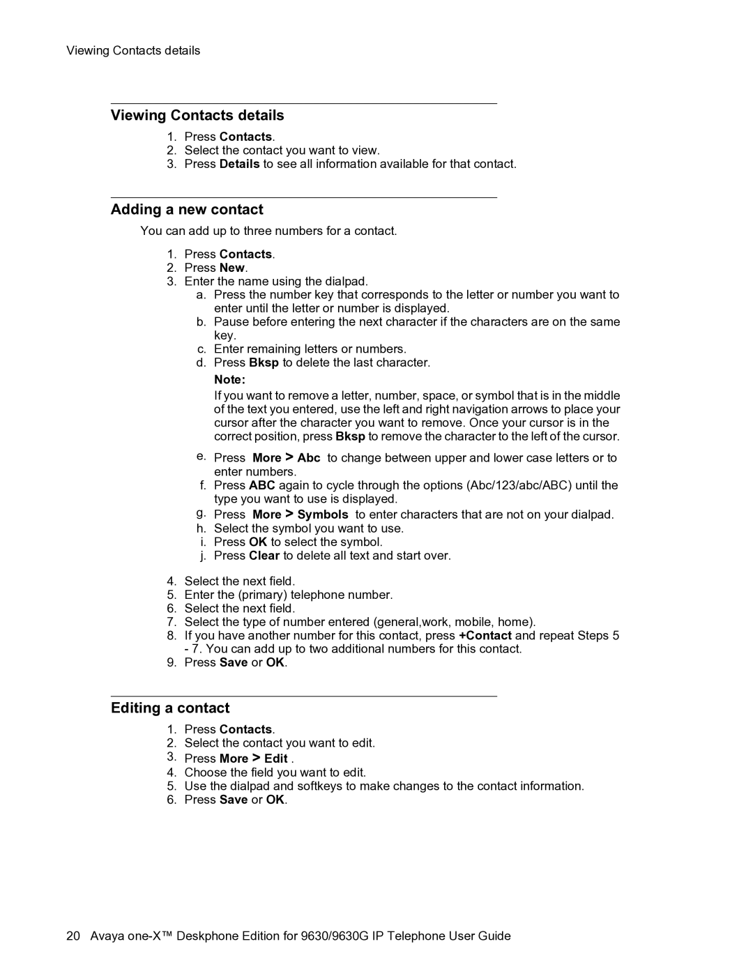 Avaya one-X manual Viewing Contacts details, Adding a new contact, Editing a contact, Press More Edit 