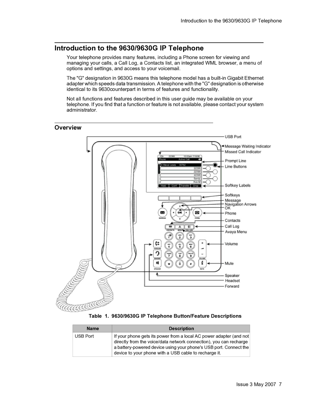 Avaya one-X manual Introduction to the 9630/9630G IP Telephone, Overview, 9630G IP Telephone Button/Feature Descriptions 