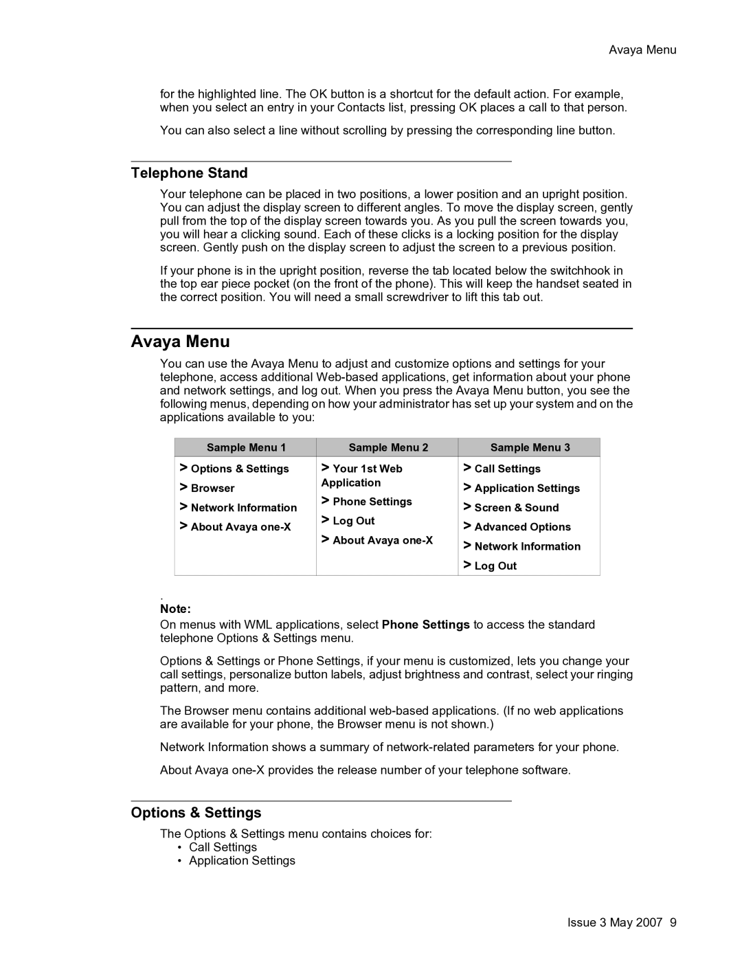 Avaya one-X manual Avaya Menu, Telephone Stand, Options & Settings 