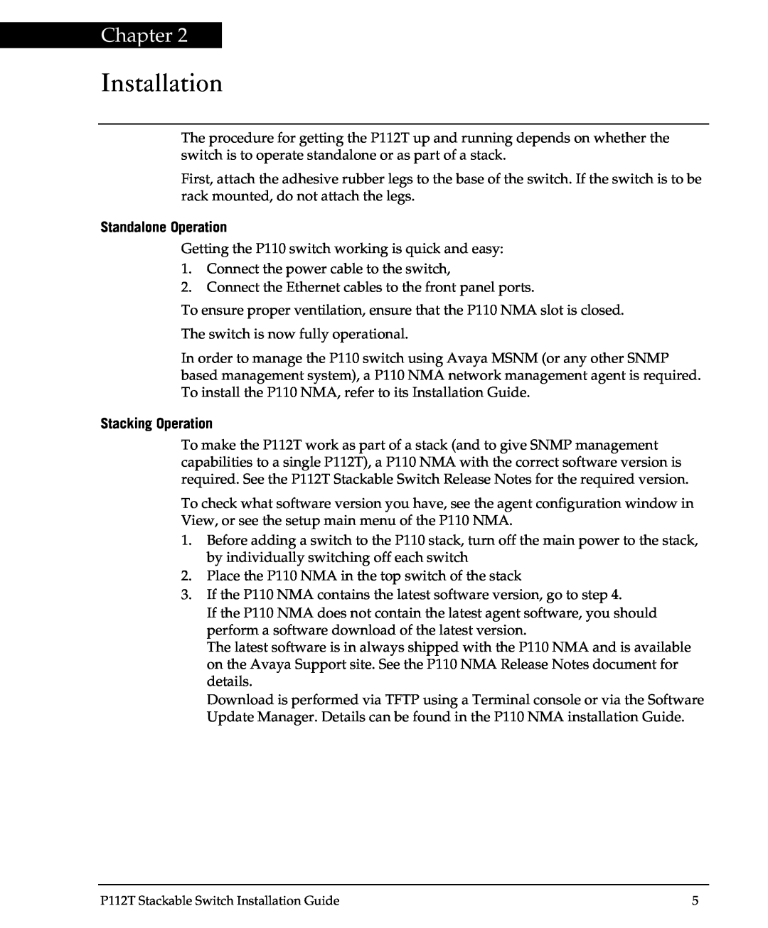 Avaya P112T manual Installation, Chapter, Standalone Operation, Stacking Operation 