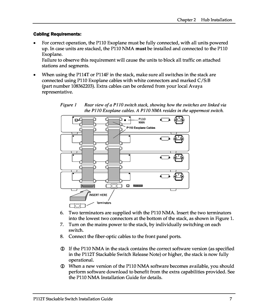 Avaya P112T manual Connect the fiber-optic cables to the front panel ports 