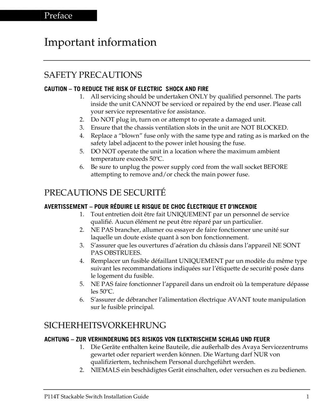 Avaya P114T manual Important information 