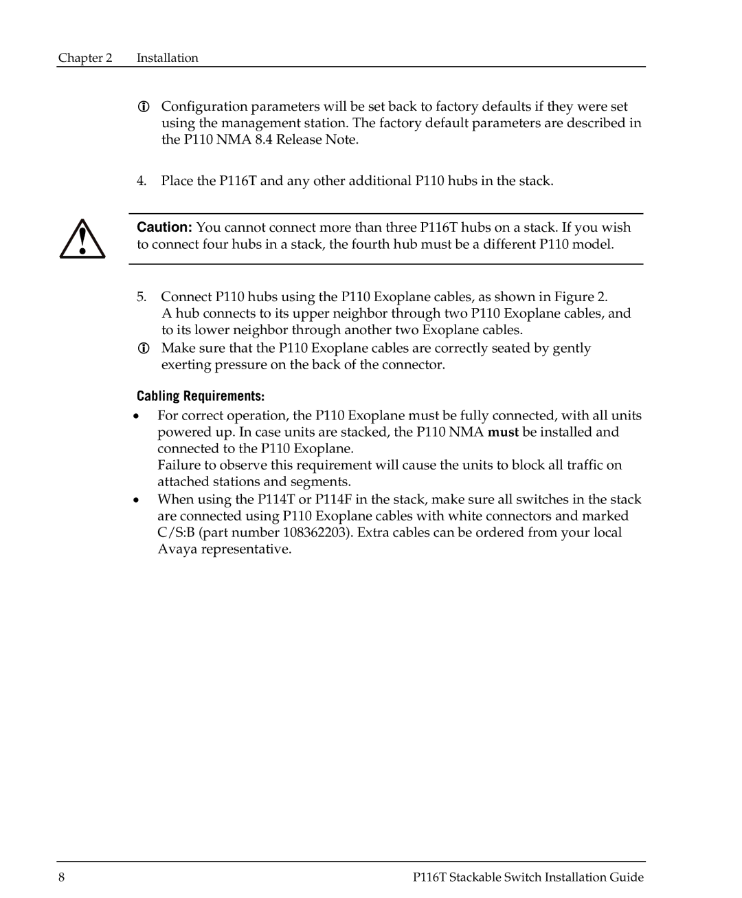 Avaya P116T manual Cabling Requirements 