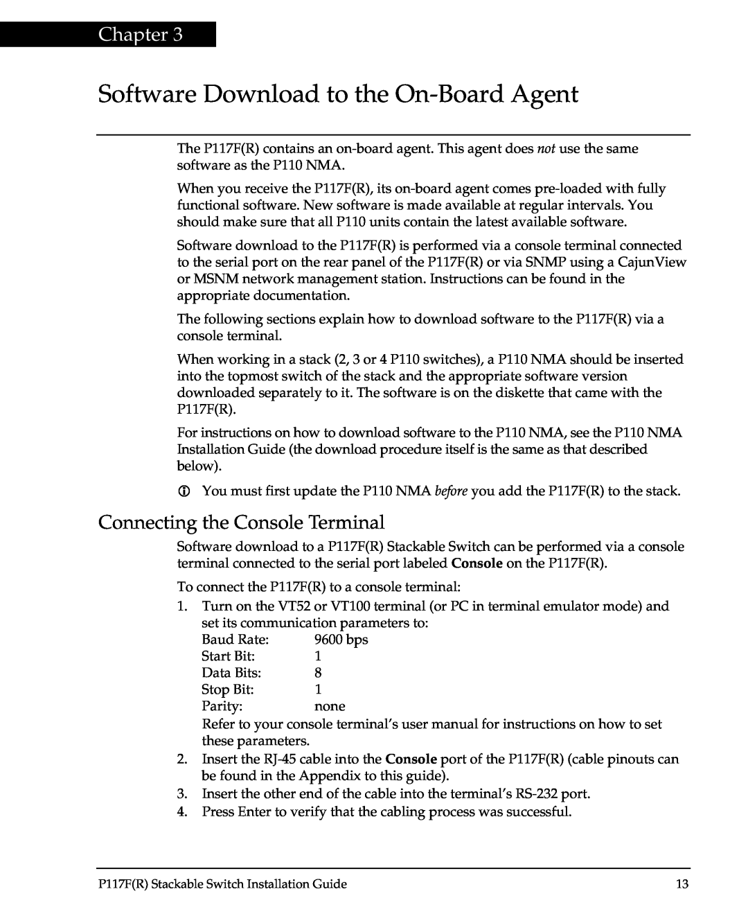 Avaya P117F(R) manual Software Download to the On-Board Agent, Connecting the Console Terminal, Chapter 