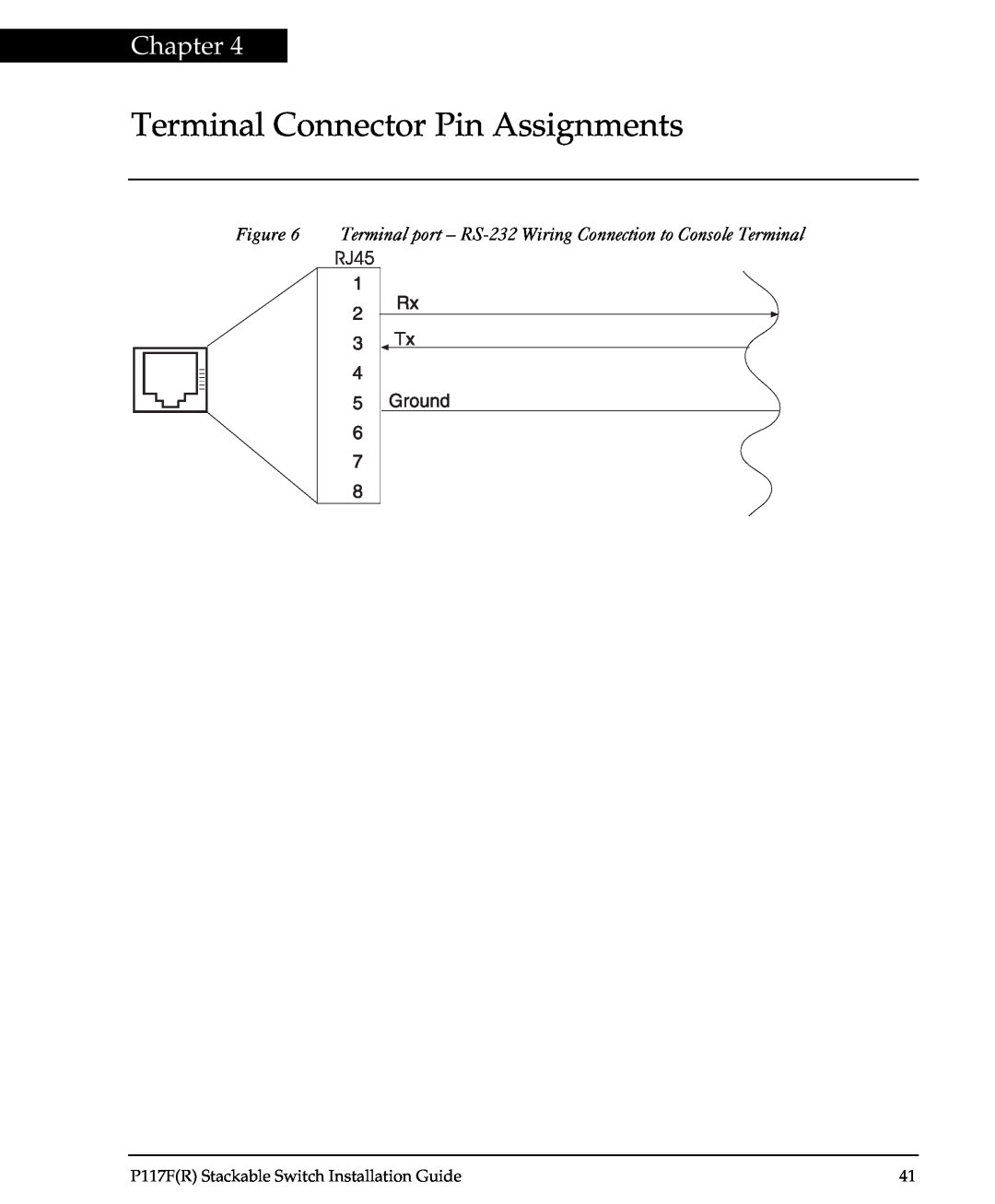 Avaya P117F(R) Terminal Connector Pin Assignments, Terminal port - RS-232 Wiring Connection to Console Terminal, Chapter 