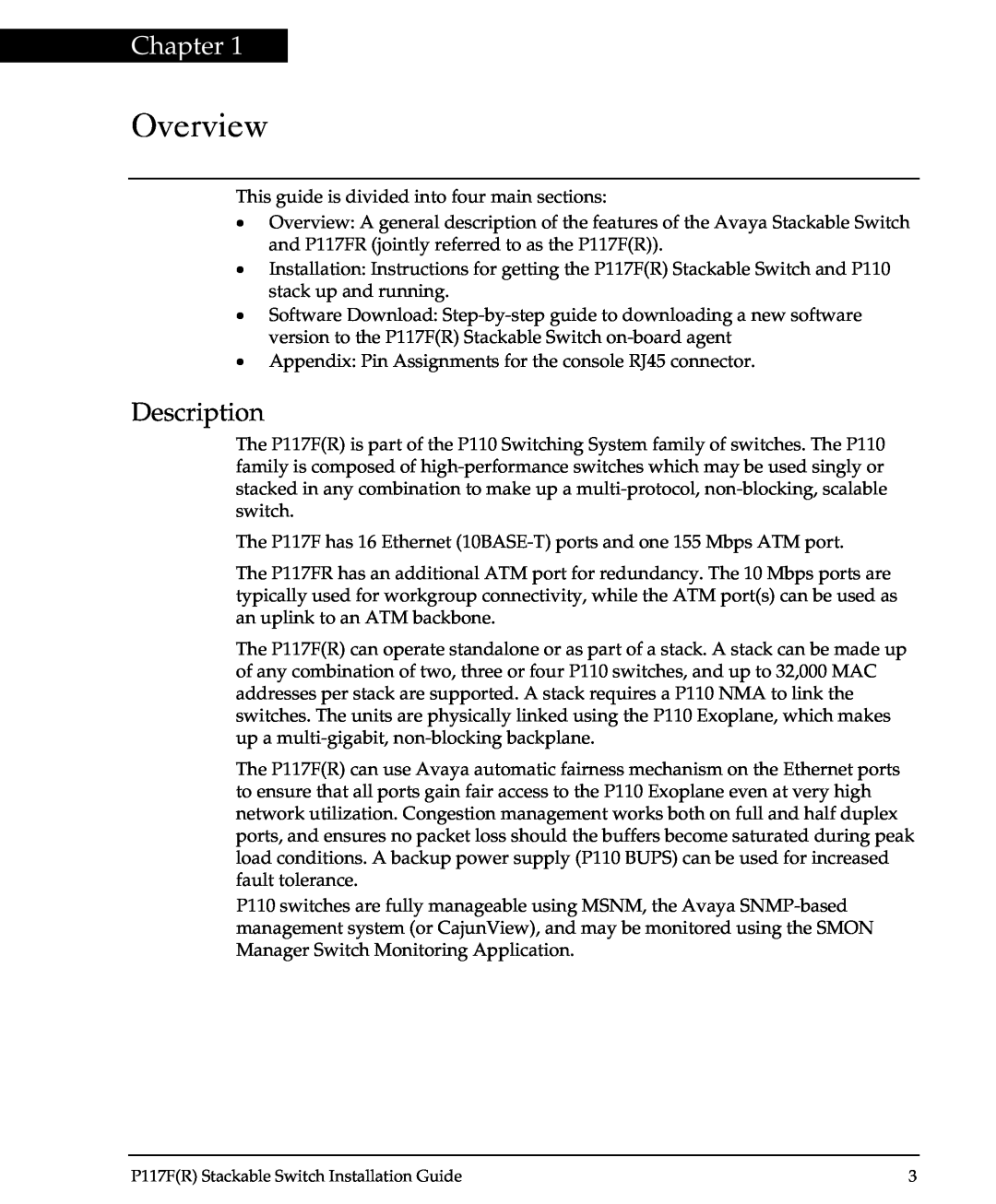 Avaya P117F(R) manual Overview, Chapter, Description 