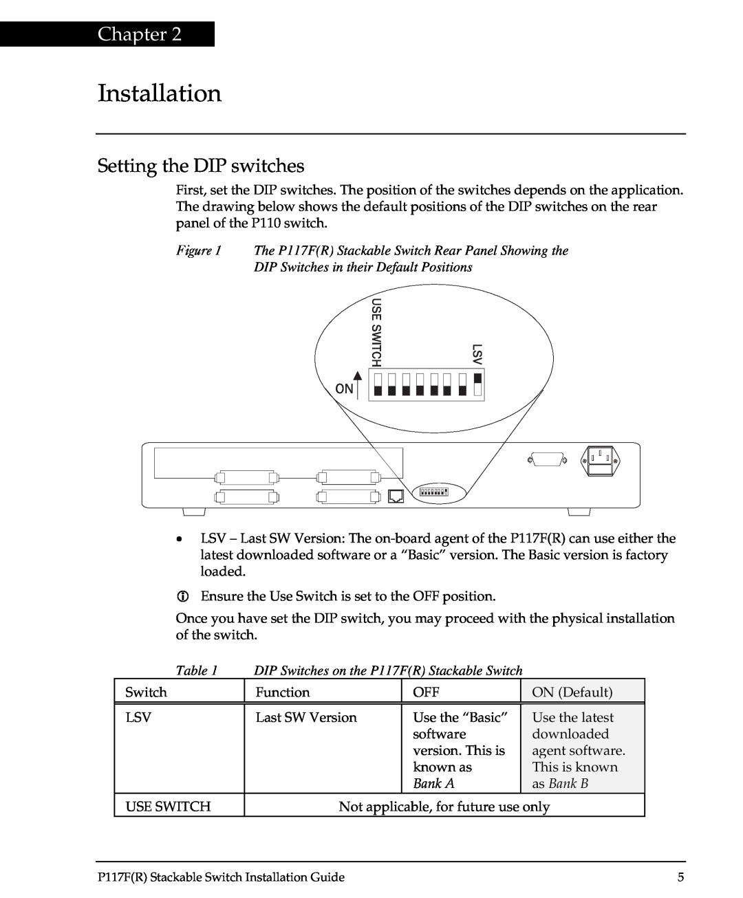 Avaya P117F(R) manual Installation, Setting the DIP switches, The P117FR Stackable Switch Rear Panel Showing the, Function 