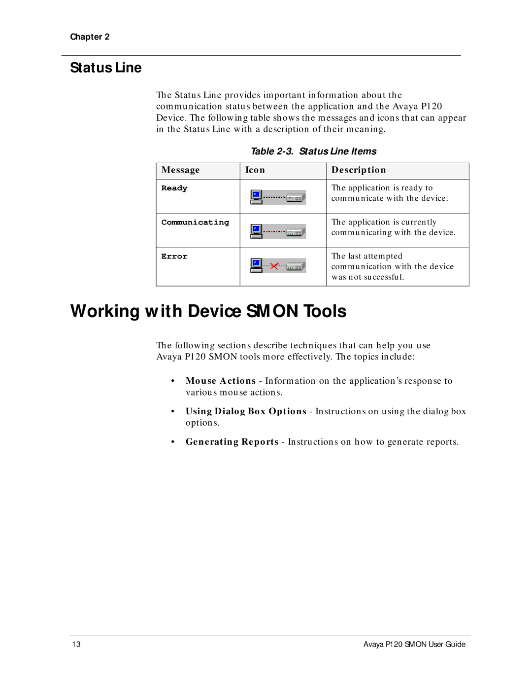 Avaya P120 SMON manual Working with Device Smon Tools, Status Line Items 