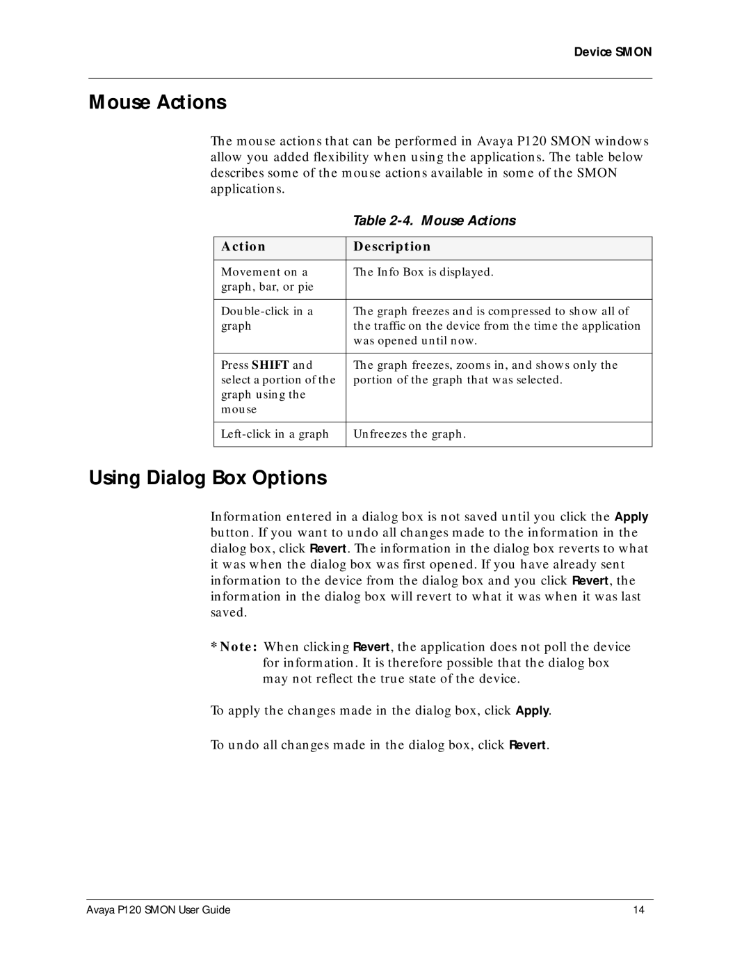 Avaya P120 SMON manual Mouse Actions, Using Dialog Box Options 