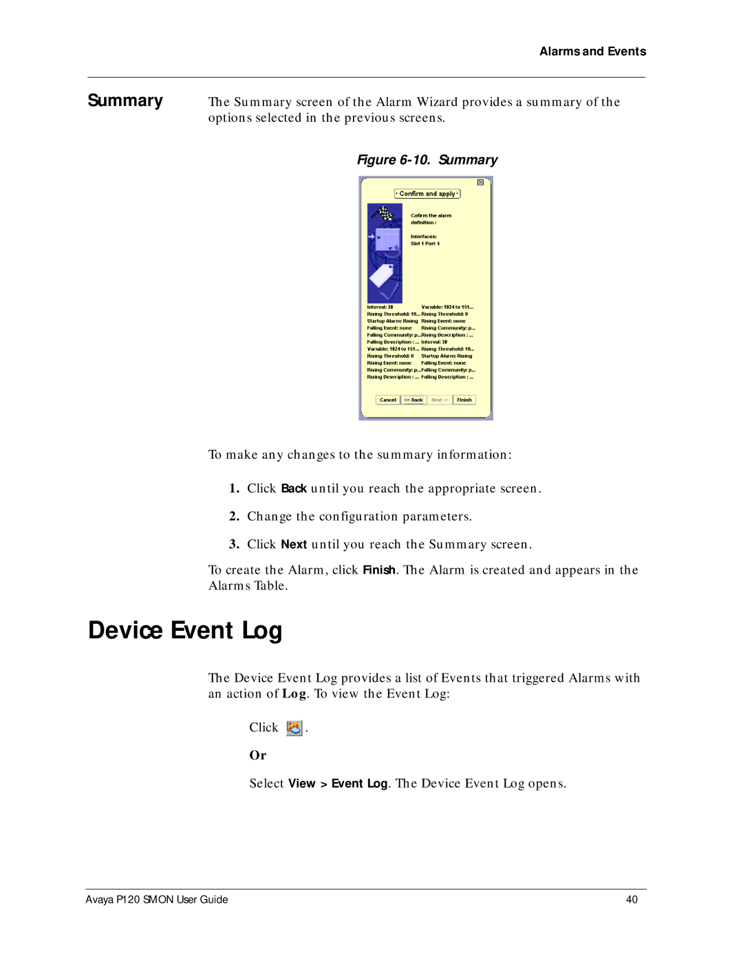 Avaya P120 SMON manual Device Event Log, Summary 