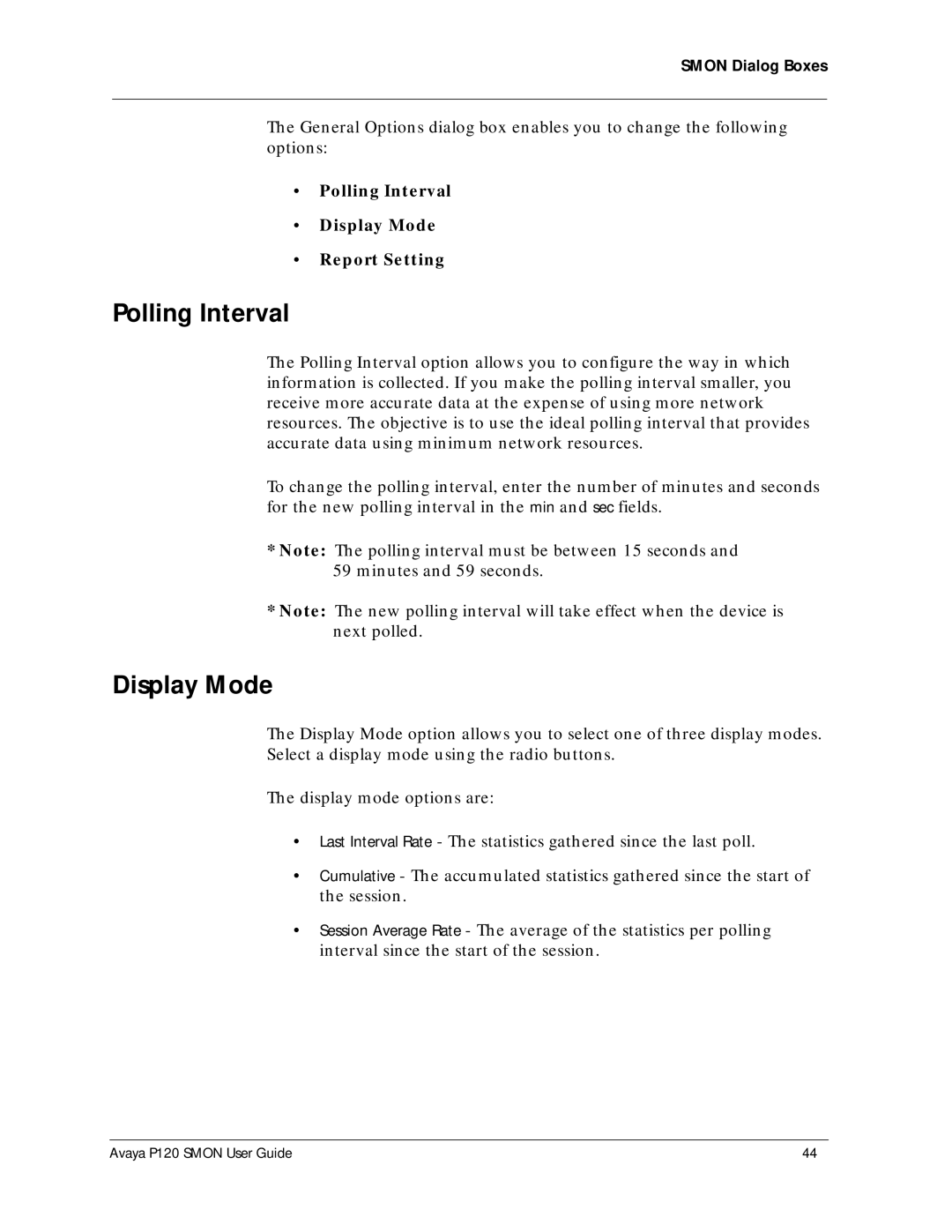 Avaya P120 SMON manual Polling Interval, Display Mode 