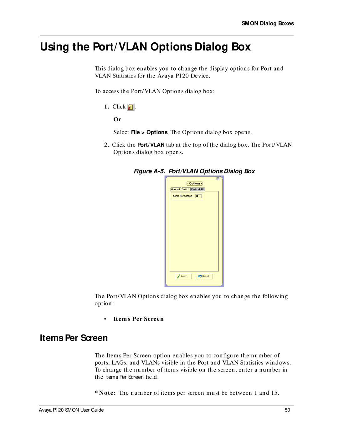 Avaya P120 SMON manual Using the Port/VLAN Options Dialog Box, Items Per Screen 